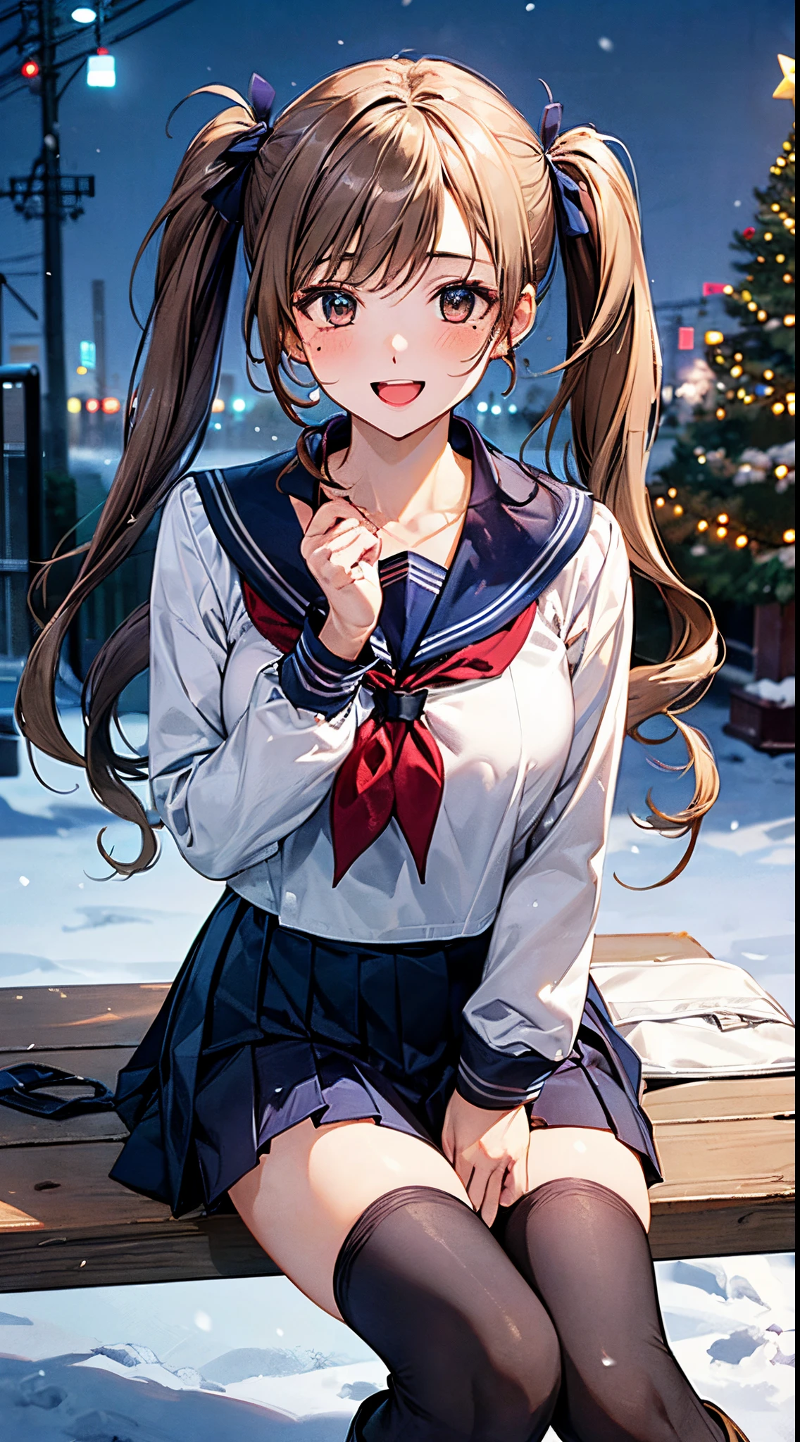 ((((perfect anatomy, super detailed skin)))), 1 girl, japanese, high school girl, shiny skin, large breasts:0.5, looking away, looking up, watching the view, from below,
beautiful hair, beautiful face, beautiful detailed eyes, (long hair:1.4, twintails:1.7), blond hair, brown eyes,
beautiful clavicle, beautiful body, beautiful chest, beautiful thigh, beautiful legs, babyface, mole under eye,
((((long sleeves)), all navy sailor suit, navy pleated skirt, navy sailor collar, red sailor scarf, thigh-highs, short boots), school bag, cross necklace), seductive thighs, ,
((smile:1.5, open your mouth wide)), , female masturbation, lifting skirt myself,
(beautiful scenery),winter, midnight, hokkaido, sapporo, odori park, park bench, sitting, christmas, christmas tree, illumination, tv tower, snow, snowfall:1.5, freezing weather, frost,
(8k, top-quality, masterpiece:1.2, extremely detailed), (photorealistic), beautiful illustration, cinematic lighting,