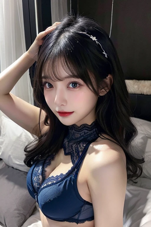 (Blue lace underwear)、Bedroom at night、Dark indoor、bet、Are sleeping、Skin texture is natural,One Woman,japanes,,kawaii,A dark-haired,Middle hair、