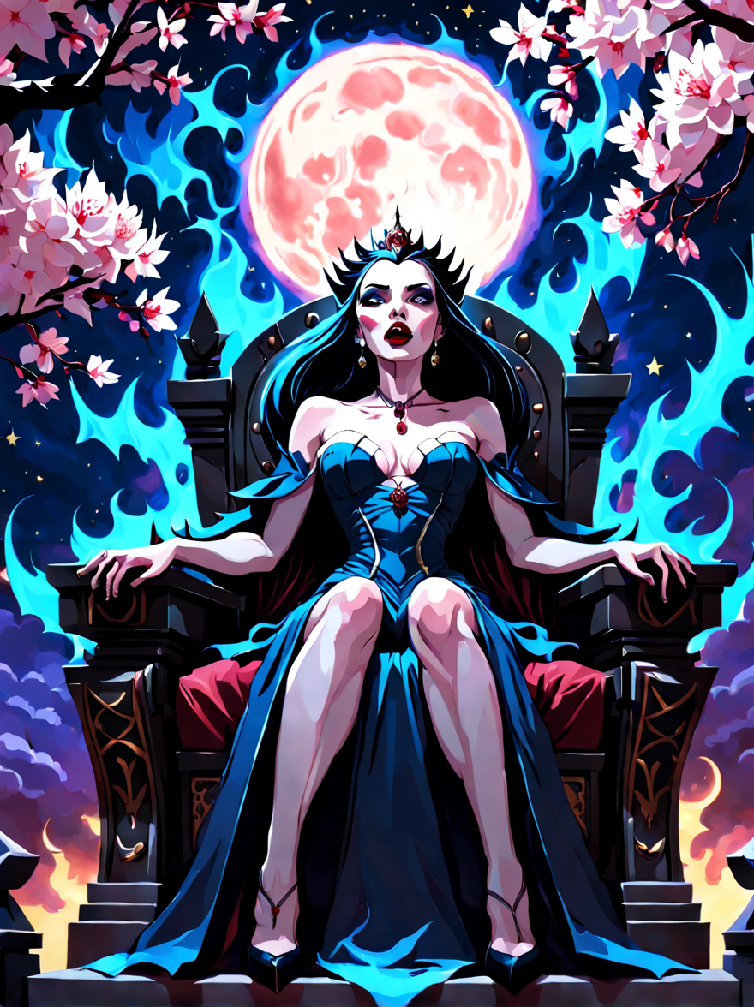 (low angle shot:1.3), (front view:1.3), grand staircase ascending towards the heavens, at the top a beautiful ((vampire queen sits upon a menacing legendary throne)) (((looking at the viewer))), surrounded by cherry blossoms floating in the air, starry ethereal night sky as a backdrop, the thick outlines emphasize her vampiric aura of power and dominance, a huge moon adds to her otherworldly presence, magical portal in the background, ((blue flames in the background))