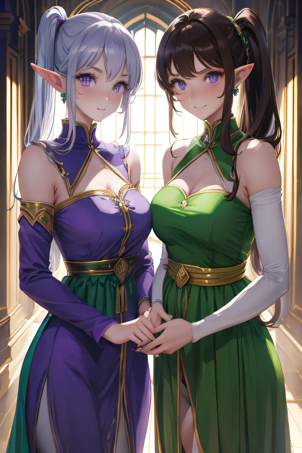 2girls, elf, pointy ears, same hair, identical twins, young adult, long dark brown hair, side ponytail, purple eyes, wearing plain green dress, identical dress, simple silver jewelry, palace, absurdres, high res, ultrasharp, 8K, masterpiece, looking at viewer