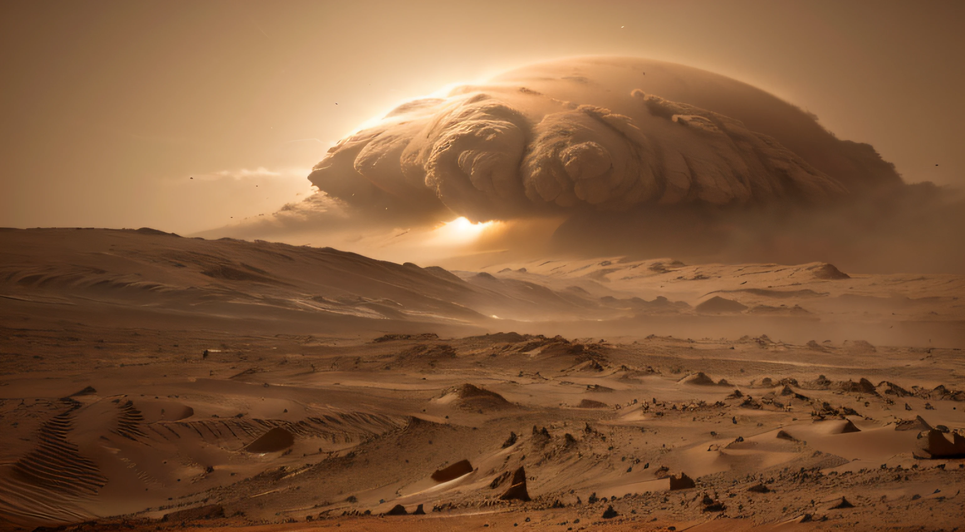 On Mars, dust storm, Martian tornado, wind picture bright, strong texture, realistic photography, Mars yellow sky, dust storm details, super wide angle, high realism, light and dark