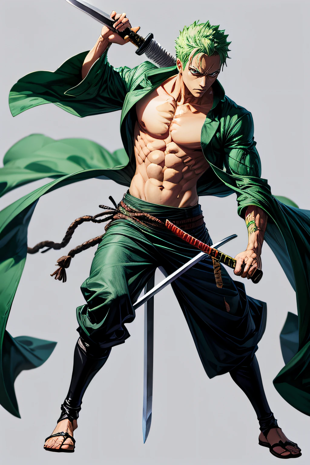 Create Zoro,Full body like,bringing sword,without background,The eye,Cool expressions,robust,Broken clothes,delicated,photorealestic