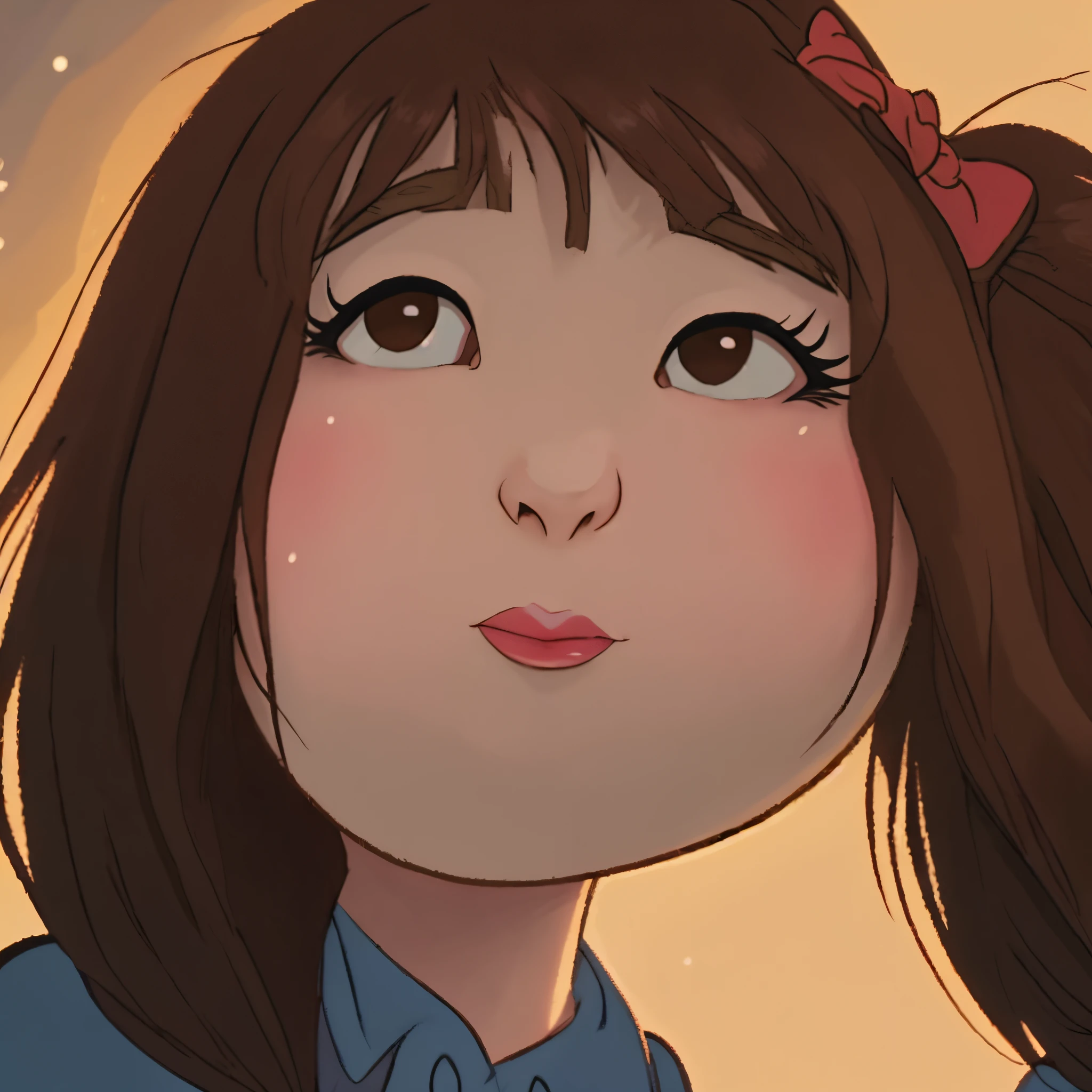 Disney cartoon character with bun and bangs her hair is black and brown eyes thin eyebrows fat cheeks thin upper lip big lower lip