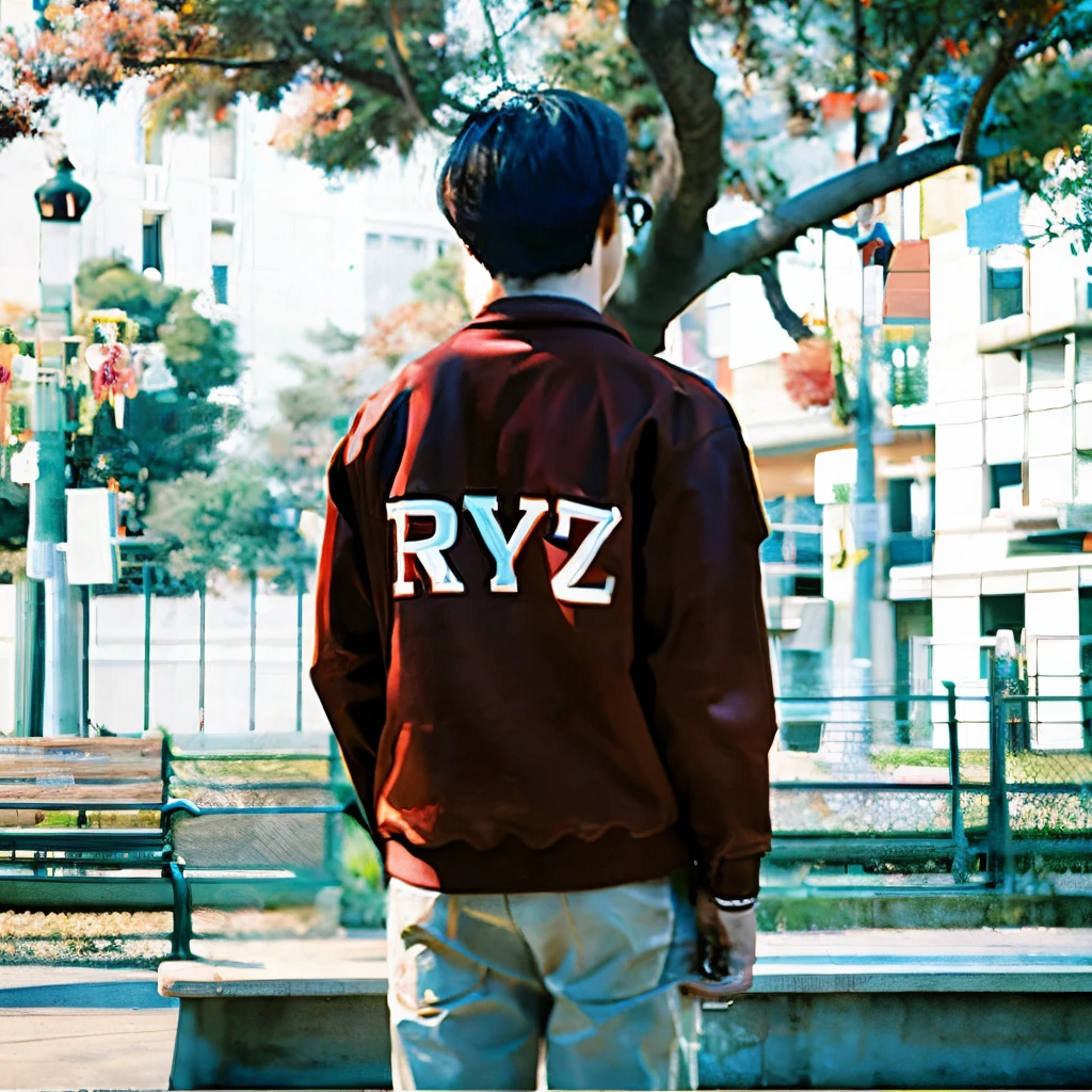 arafed image of a man standing in front of a park bench, inspired by Ryan Yee, inspired by Raymond Han, ryuu, artwork in the style of guweiz, realistic anime 3 d style, by Ryan Yee, stylized anime, kyza, reyyan, realism artstyle, inspired by Yu Zhiding, guweiz, RYZ writing on the shirt
