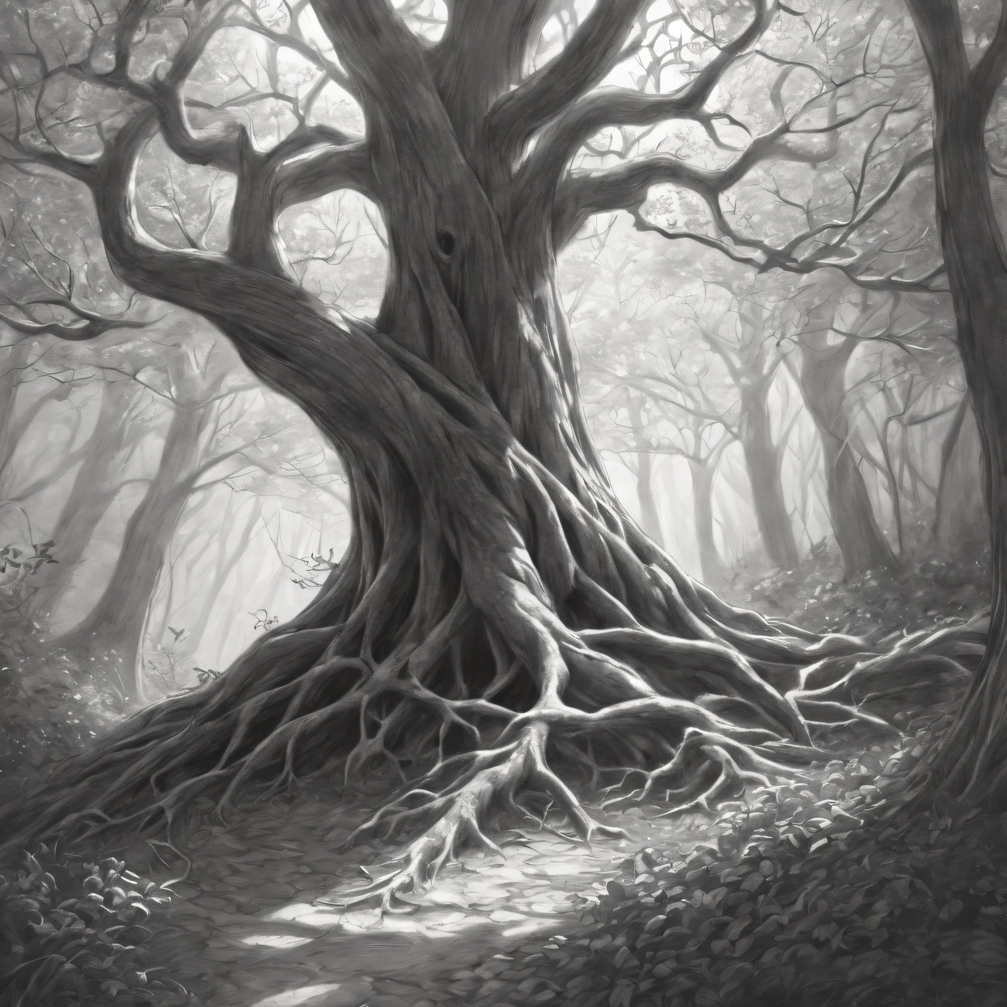 (best quality,4k,8k,highres,masterpiece:1.2),(ultra - detailed)，(realisticlying：1.37).White paper on the table(pencil drawing)，black andwhite,(ln the forest)，(line art)，organic lines，(crooked branches)，hidden path，(Twisted vines)，(Intertwined tree trunks)，Ethereal atmosphere，game of light and shadow，Subtle gradients、Gradient shadows、Mottled sunlight、tree crown、forest floor、(bark texture)、branch details、(Fine lines)、(stroke technique)、(Sketch-like texture)。Abstract, (Simple vector art), (Hierarchical form).