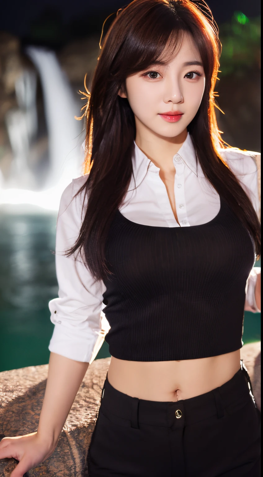 Realistic photos of (1 cute Korean star) hair over shoulder,, 32 inch breasts size, waist tie shirt, pants, in waist tie crop top, pants, at waterfall, night, close-up, Canon, UHD