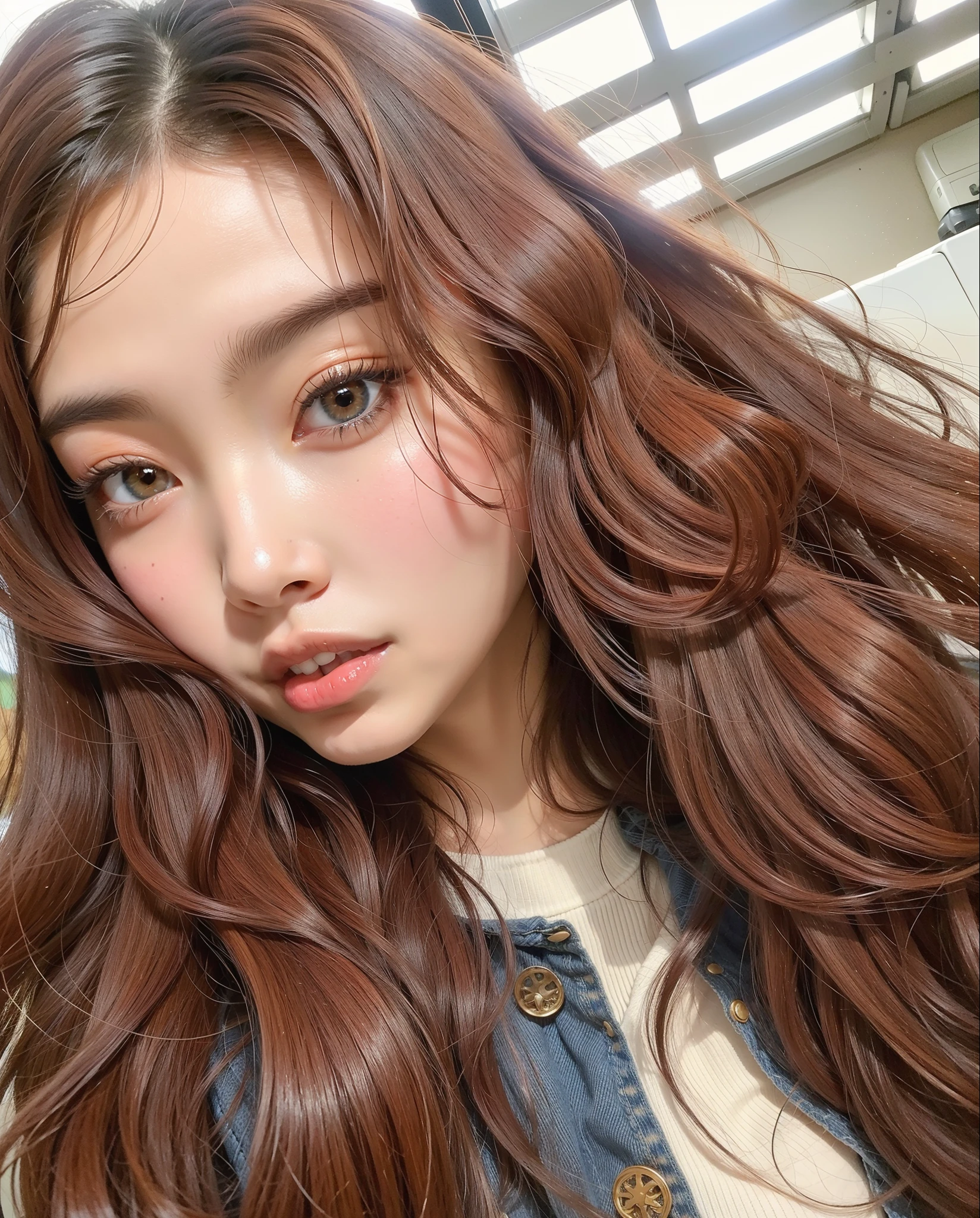 um close de uma mulher com longos cabelos castanhos vestindo uma jaqueta jeans, Ulzzang, Asian girl with long hair, com cabelos longos, cabelo castanho coral, com cabelos longos e olhos penetrantes, cabelos longos de cor castanha, large eyes and flowing long hair, young adorable korean face, menina coreana, com cabelos castanhos, maquiagem sul-coreana popular, brown flowing hair
