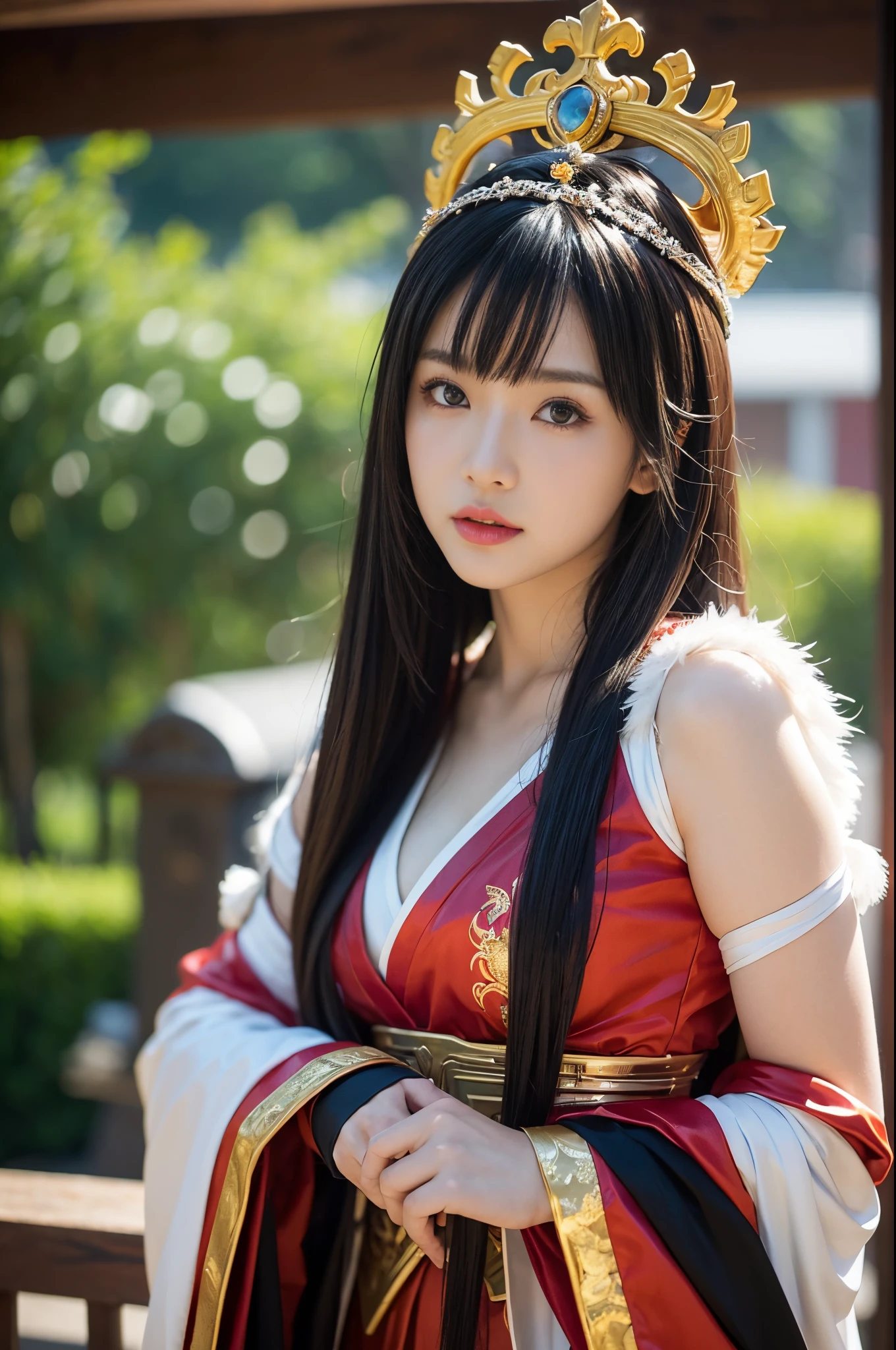 a woman in a native costume posing for a picture, a statue by Yang J, trending on cg society, fantasy art, japanese goddess, a beautiful fantasy empress, ornate cosplay, anime goddess, extremely detailed goddess shot, ig model | artgerm, beautiful maiden, seductive anime girl, anime girl cosplay, cosplay, beautiful alluring anime woman, beautiful goddess