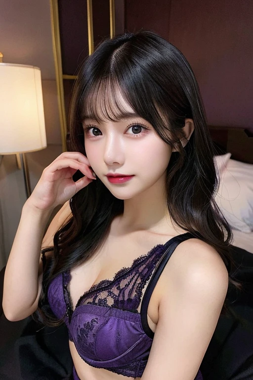 (Purple lace underwear)、Bedroom at night、Dark indoor、bet、Are sleeping、Skin texture is natural,One Woman,japanes,,kawaii,A dark-haired,Middle hair、