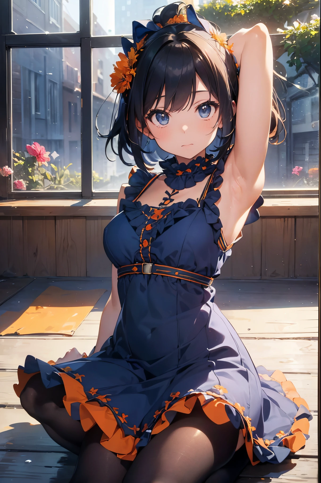 (Best Picture Quality, 4K, High Quality, Masterpiece:1.2), ((Masterpiece)), High Detail, High Quality, (HDR,16k, RAW Beautiful Girl Portrait, Best Picture Quality, Masterpiece:1.2), (Ultra-Definition Illustration), (nsfw:1.2), showing armpits, open chest, (Sit with knees up:1.2), (widely spread legs:1.2), race lingerie, wet panty, idolmaster, idol costume, on the live concert stage, , spotlight,Generate an image of an anime idol, (dark navy blue short straight bob hair) Make your eyes a deep blue。, extremely cute, sleeveless, detached sleeves, (orange gorgeous frilled dress with lots of flower stitches:1.3), do not use black on dress, tiara, pantyhose,