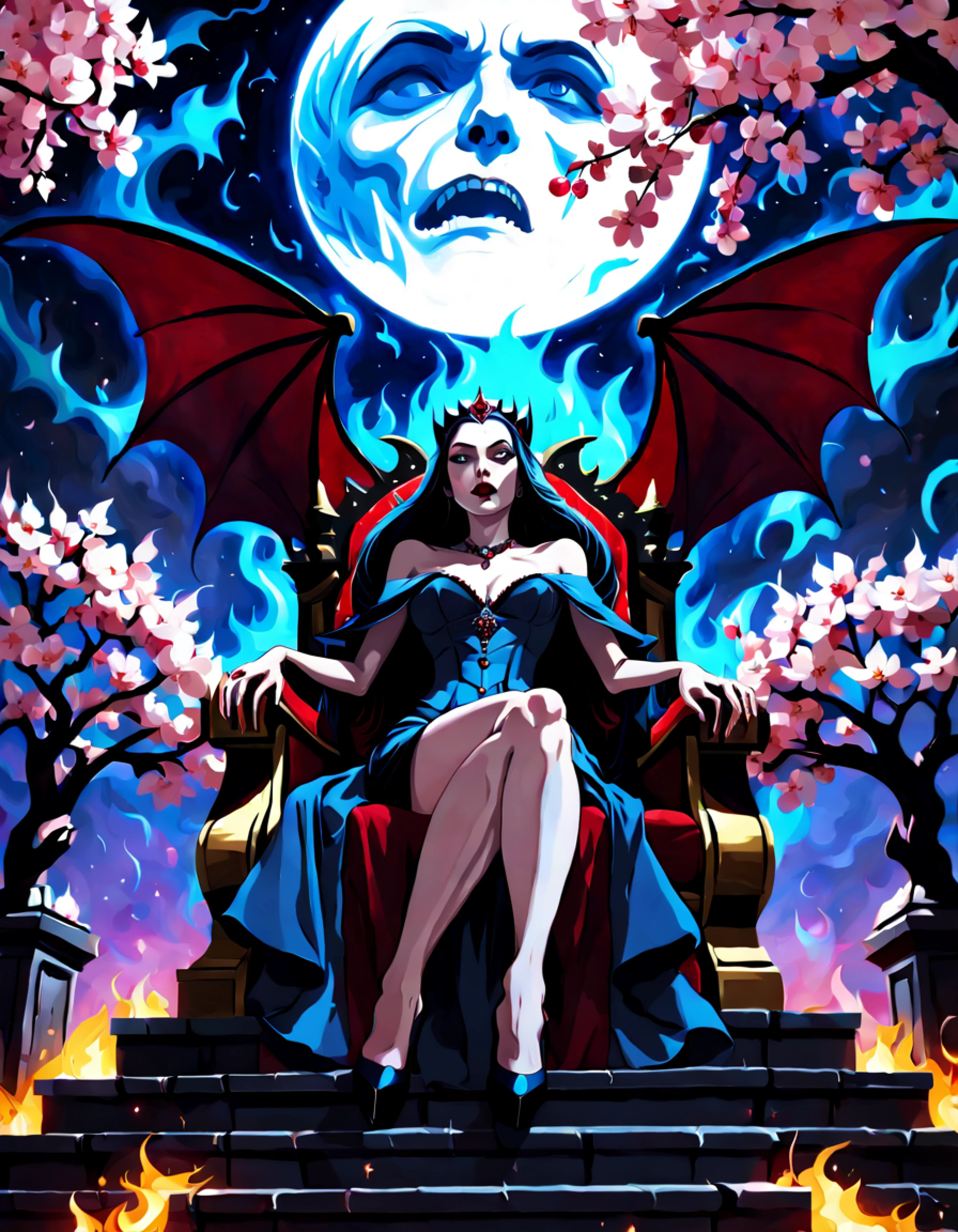 (symmetrical:1.3), (low angle shot:1.3), (front view:1.3), grand staircase ascending towards the heavens, at the top a beautiful ((vampire queen sits upon a menacing legendary throne)) (((looking at the viewer))), surrounded by cherry blossoms floating in the air, starry ethereal night sky as a backdrop, the thick outlines emphasize her vampiric aura of power and dominance, a huge moon adds to her otherworldly presence, magical portal in the background, ((blue flames in the background))