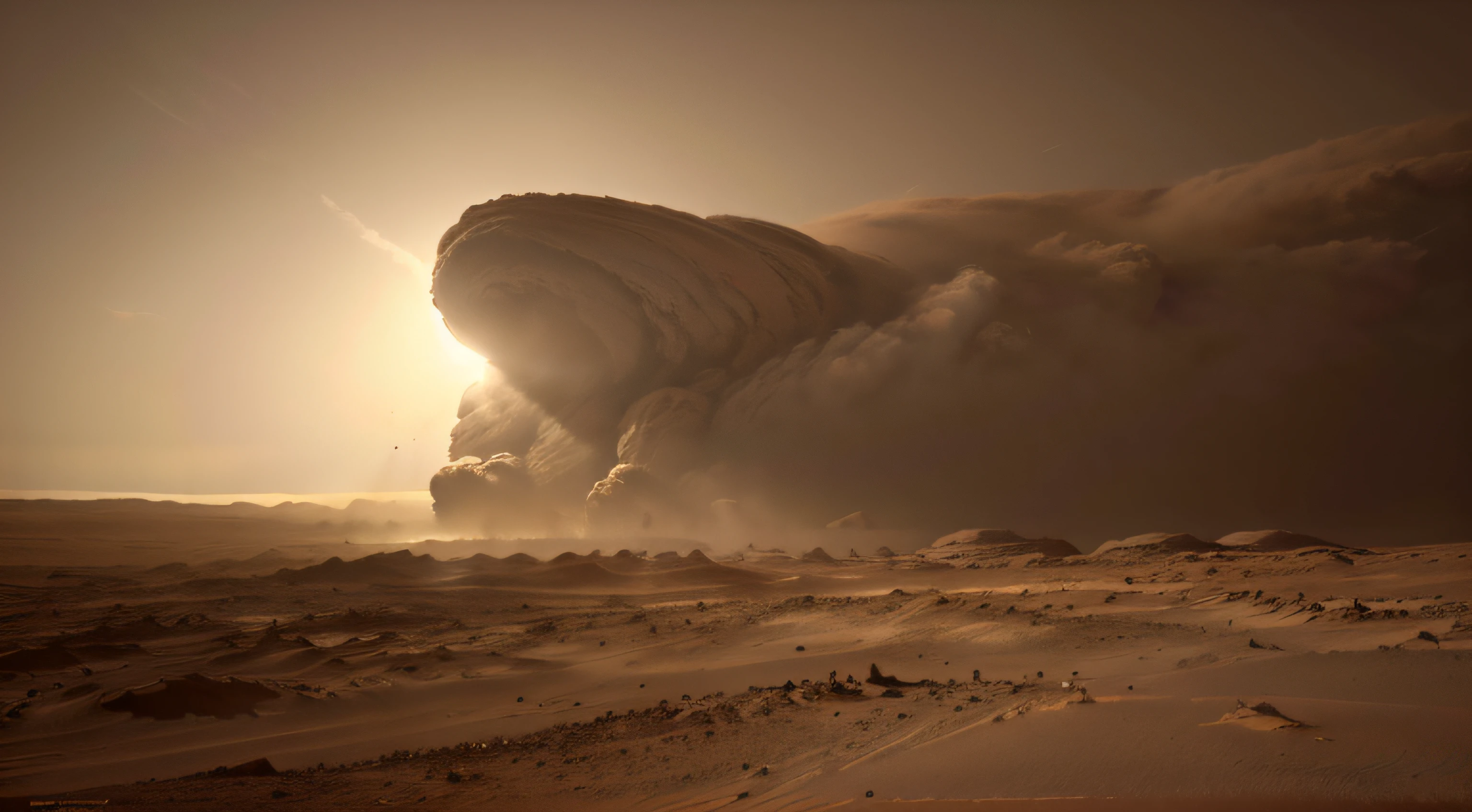 On Mars, dust storm, Martian tornado, wind picture bright, strong texture, realistic photography, Mars yellow sky, dust storm details, super wide angle, high realism, light and dark