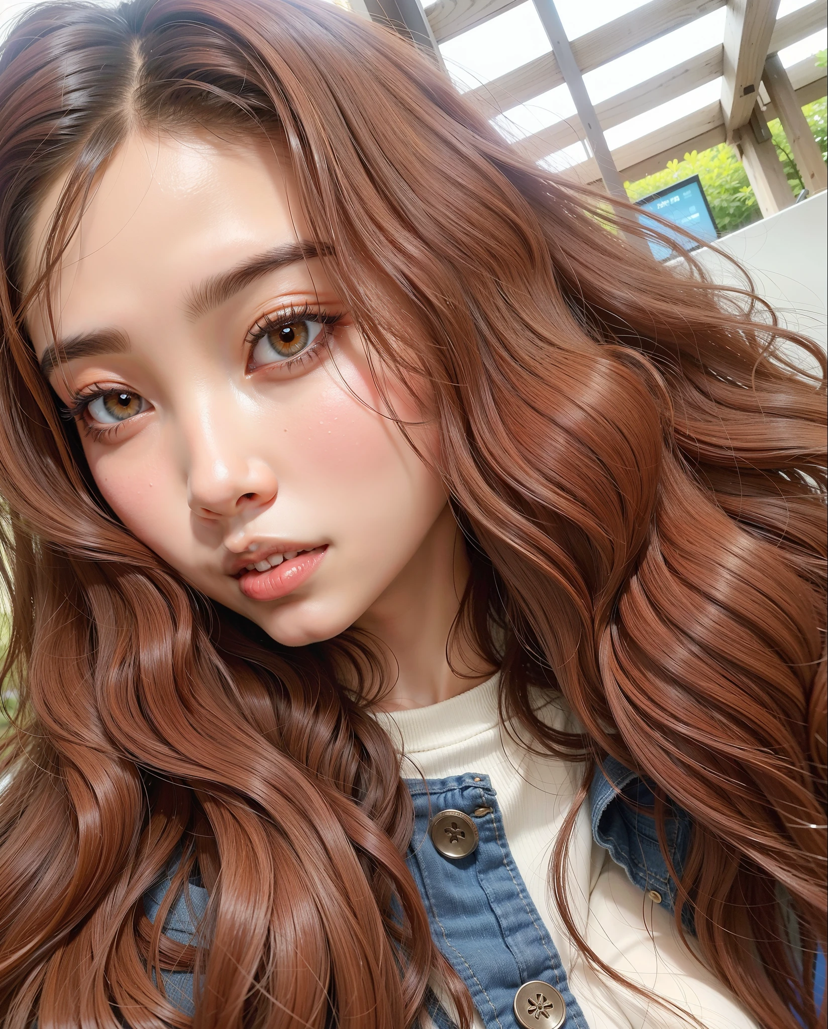 um close de uma mulher com longos cabelos castanhos vestindo uma jaqueta jeans, Ulzzang, Asian girl with long hair, com cabelos longos, cabelo castanho coral, com cabelos longos e olhos penetrantes, cabelos longos de cor castanha, large eyes and flowing long hair, young adorable korean face, coreana, com cabelos castanhos, maquiagem sul-coreana popular, brown flowing hair
