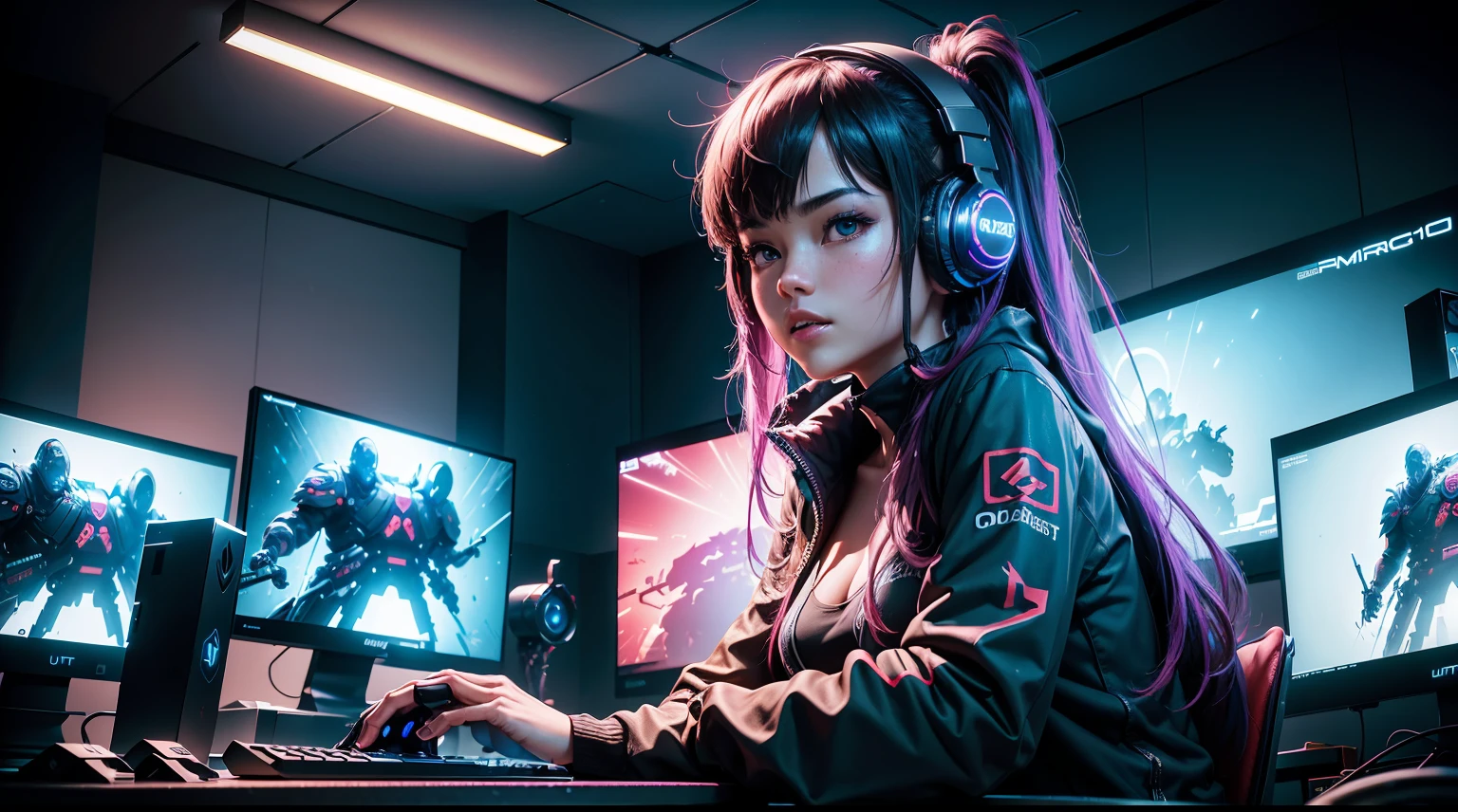 a girl playing video games,artistic portrait,keyboard,mouse,headphones,LED lights,high-res,ultra-detailed,professional,gaming setup,bright colors,studio lighting,serious facial expression,game controller, sexy casual clothing,concept artists, a cozy gamer room, gaming setup, colorful LED lights, comfortable gaming chair, high-resolution gaming monitor, gaming PC with powerful graphics card, gaming headset, gaming keyboard and mouse, posters of favorite video games, shelves full of game collection, game consoles with controllers, energy drinks and snacks on the table, immersive gaming experience, futuristic atmosphere, vibrant colors, dynamic lighting, intense gameplay, ultimate gaming setup, ultra-realistic graphics, competitive gaming environment. gamer room, gamer girl, streamer, camera, game on the monitor, leds rgb. gaming chair, one medium monitor, dark room, backlit screens, the best room with decoration for the player, night, beautiful girl, sitting naked on a gaming chair, slim body, perfect face, very high resolution, (beautiful ), nsfw, all detailed, unbuttoned vest, ultra detailed artistic photography, gorgeous face, hyperdetailed, photorealistic, digital painting, digital illustration, extreme detail, digital art, photorealistic, 32k, high-resolution,(best quality,4k,8k),ultra-detailed,(realistic,photorealistic,photo-realistic:1.37),portraits,concept artists,scenes,(vibrant colors,vivid colors:1.1),(sharp focus,detailed:1.1),illustrations,video game theme,character design,interactive experience,immersive art,realistic rendering,advanced lighting,3D models,(dynamic poses,action poses:1.1),young adults,modern technology,game controller design,animated characters,surrounding environment,special effects,(suspenseful atmosphere,tense atmosphere:1.1),game interface design,attractive aesthetics,(fantasy elements,magical creatures:1.1),intense emotions,endless possibilities, asian girl, long hair, ultra high deatiled, realistic, ultra high quality wallpaper