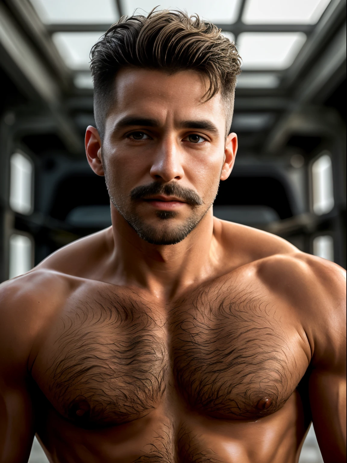 masterpiece, best quality, high resolution, closeup portrait, male focus, solo focus, A man, 35 years old, with military clothes, soldier, blonde bleached hair, messy hairstyle, cute and seductive face, bare chest, body hair, facial hair, roman nose, very skinny body, hairy legs, dimples, goatee and mustache, bold jawline , in the background a millitary camp and other soldiers, view from below, amazing composition, front view, HDR, ultra quality, elegant, highly detailed