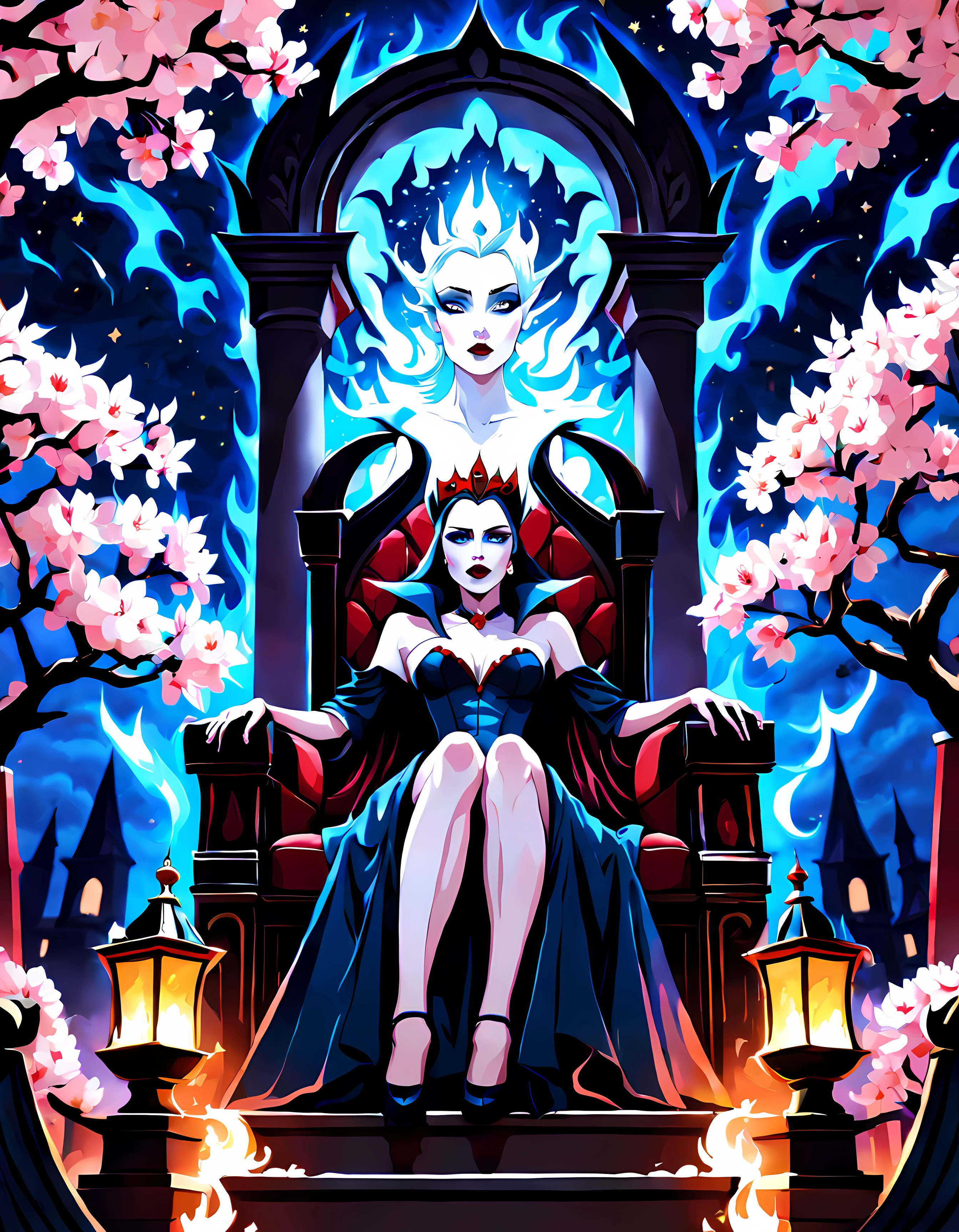 (symmetrical:1.3), (low angle shot:1.3), (front view:1.3), grand staircase ascending towards the heavens, at the top a beautiful ((vampire queen sits upon a menacing legendary throne)) (((looking at the viewer))), surrounded by cherry blossoms floating in the air, starry ethereal night sky as a backdrop, the thick outlines emphasize her vampiric aura of power and dominance, cosmic otherworldly presence, magical portal in the background, ((blue flames in the background))