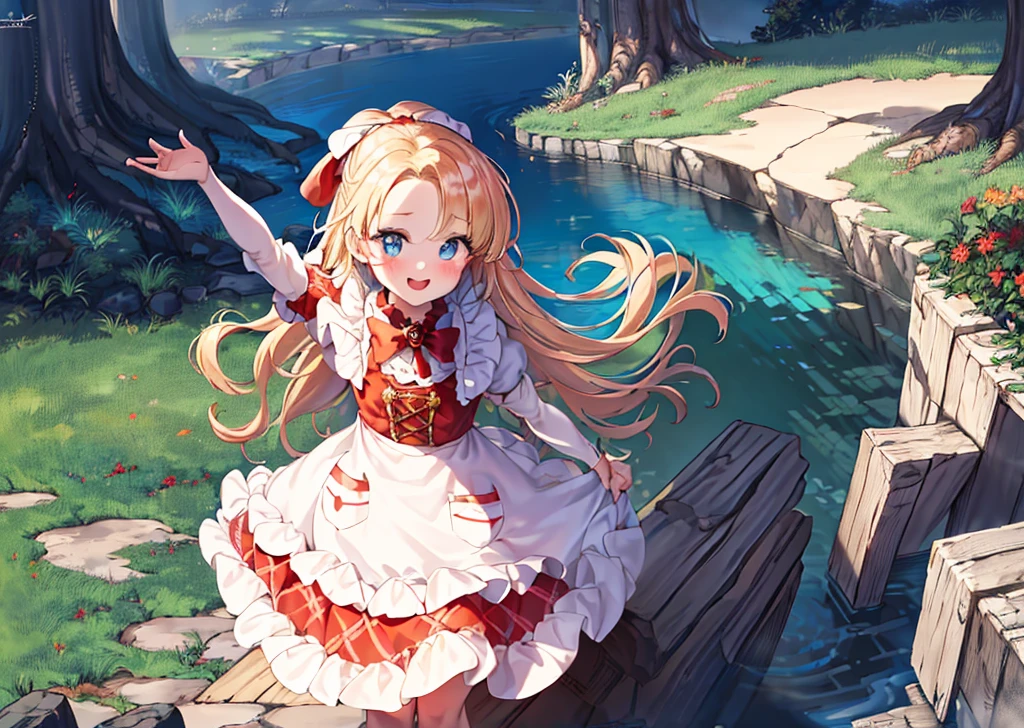 (Masterpiece, Best Quality:1.3), absurdres, official style, fantasy art, best illustration, outline, (thick lineart:1.4), (chibi:1.3), blush, (dynamic pose, dynamic angle:1.1), nadja, (ultra-detailed portrait), (8k resolution), upper body, 1girl, (solo), (looking at viewer), blonde hair, lips, :d, (parted bangs:1.2), (Detailed eyes, blue eyes:1.2), (perfect face, focus face), smile, frilled dress, red bow, white apron, argyle, heart brooch, holding, bow, jewelry, standing, (depth of field), sharp focus, (red argyle sleeves:1.3), perfect composition, dappled sunlight, tree, shaded face, fantasy setting, fairytale, cooking, food, steam, wood stove, brick chimney, german aesthetic, various colors, (details:1.2), colorful, shadow, scenery, graphite \(medium\), intricate, caustics, wide shot, extremely detailed background