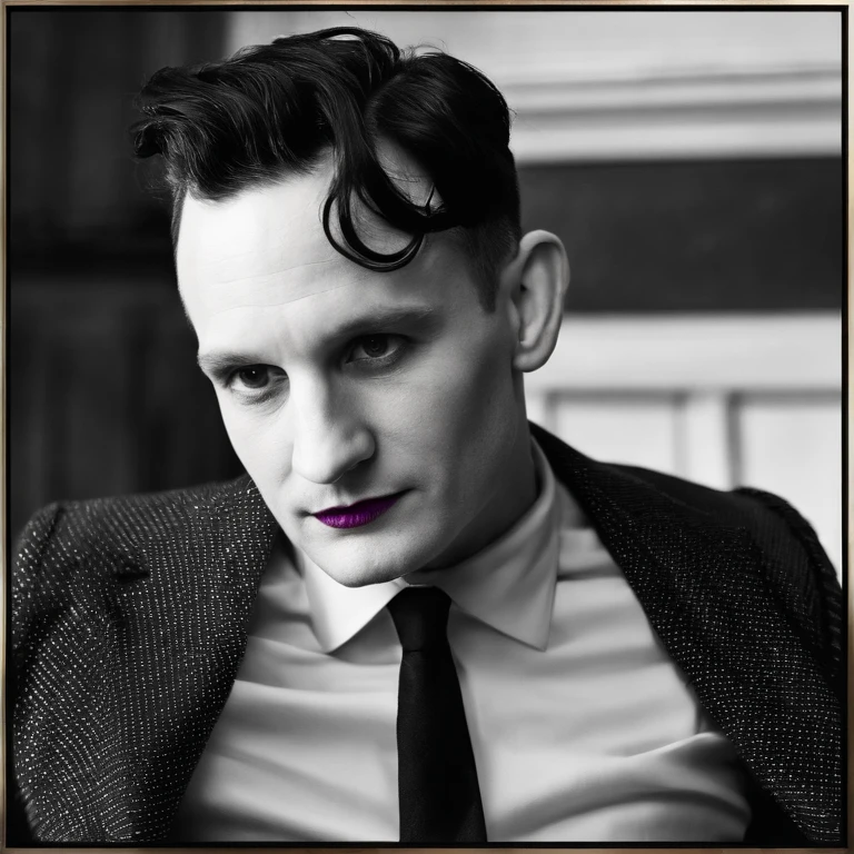 Oswald has spiky black hair, a long nose, and wears very fancy suits, favors the color purple. Famously portrayed by Robin Lord Taylor,Gotham,Oswald has spiky black hair, a long nose, and wears very fancy suits, favors the color purple. Famously portrayed by Robin Lord Taylor,face,photo