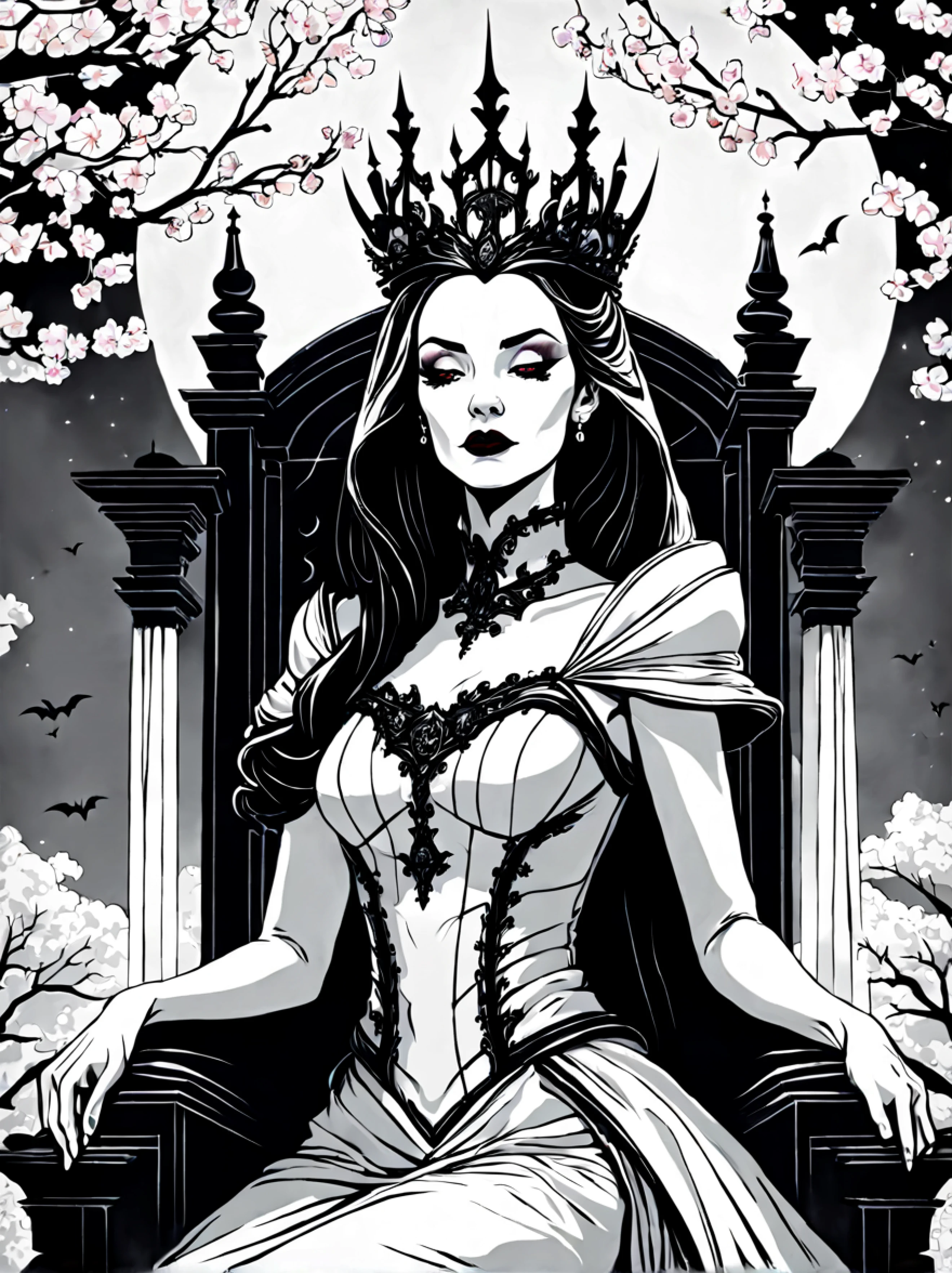 black and white lineart, LineAniAF, (low angle shot:1.3), (front view:1.3), grand staircase ascending towards the heavens, at the top a beautiful ((vampire queen sits upon a menacing legendary throne)) (((looking at the viewer))), surrounded by cherry blossoms floating in the air, starry ethereal night sky as a backdrop, the thick outlines emphasize her vampiric aura of power and dominance, a huge moon adds to her otherworldly presence