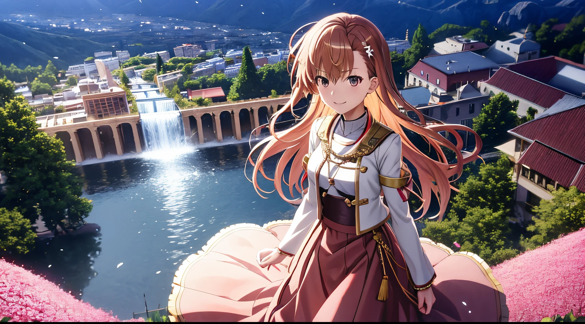 Anime view of Misaka mikoto, 1girl, kawaii, solo, chestnut hair, hairpin,brown eyes, standing, looking at viewer,smile,golden knight armor,praying beads on neck, long skirt,flower fields in greek Acropolis waterfalls in background,anime style,deep depth of field,wide angle view,Lumen Reflections,Screen Space Reflections,Diffraction Grading,Chromatic Aberration,GB Displacement,Scan Lines,Ray Traced,Anti-Aliasing,FXAA,TXAA,RTX,SSAO,Shaders,OpenGL-Shaders,GLSL-Shaders,Post Processing,Post-Production,cell Shading,Tone Mapping,CGI,VFX,SFX,insanely detailed and intricate, 4K