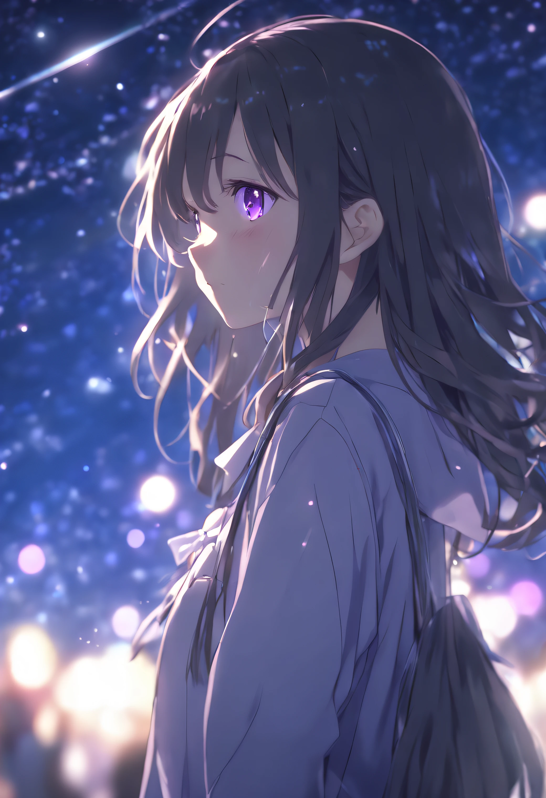 side face focus, side eyes focus, cute, masterpiece, best quality, sharp focus, UHD, 1girl, Eru Chitanda, (Hyouka anime character), High school Uniform, looking at the night sky, Crystal purple eyes, cute expression, dreamy light, sparkle few lights, upper body, night scene, Side looking,  Hyouka by Honobu Yonezawa.