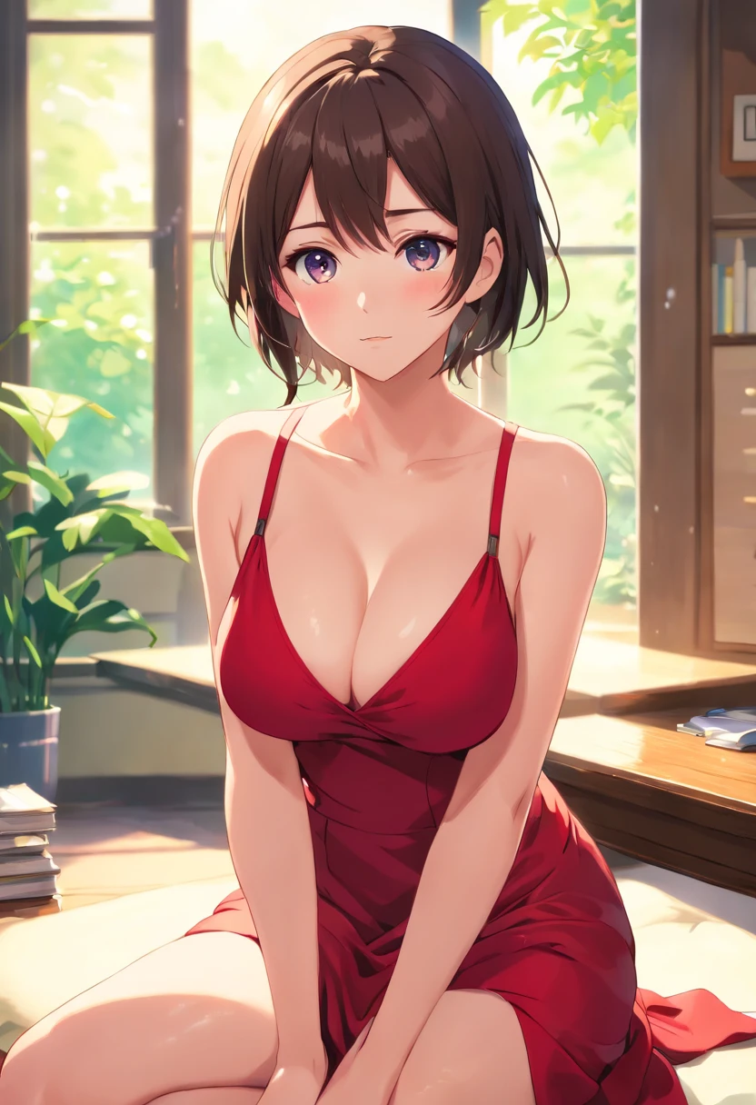 20 years girl、(​masterpiece:1.4)、(in 8K、realisitic、Raw photo、top-quality:1.4)、(Real Face:1.4)、(real looking skin:1.3)、超A high resolution、A hyper-realistic、Brown eyes、high detailing、black hair shorthair、hair adornments、Red dress、耳环、(huge-breasted:1.5)、cleavage of the breast、gargantilha、Blushing、Sit up