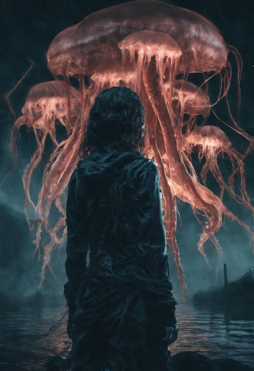 a fusion of girl and jellyfish, bioluminescent, neon lighting, ultra detail, 8k resolution,