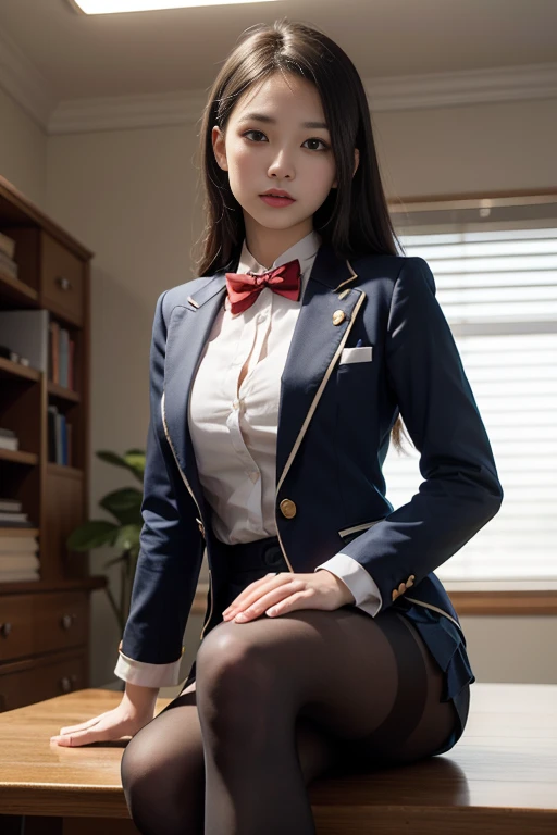 （64k，RAW photos，best qualtiy，masterpiecel1.4），（realisticlying，photograph realistic：1.37），Top quality, Photorealistic, 8K, High definition, 1 girl, Female, (middle: 1.8), school, library, schoolgirl, Blazer, Girls' uniform, Visible nipple, lace panty，looks away，（Kpop idol）， Skirt boldly pulled up, ((sit on chair，legs are open)), bends his knees，spread their legs, Slightly shorter hairstyle, Stockings, Grasp your knees with your hands，spread their legs