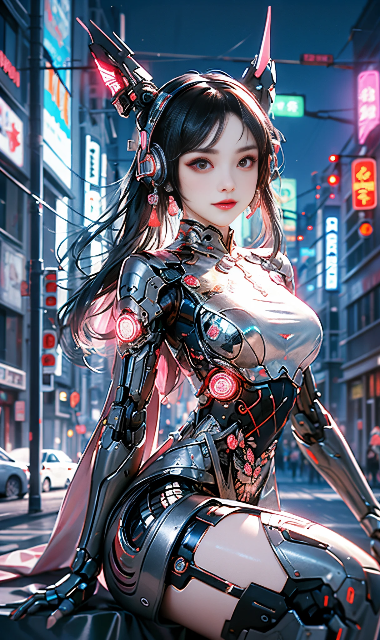 1 girl, Chinese_clothes, metallic black titanium and pink, cyberhan, cheongsam, cyberpunk city, dynamic pose, detailed luminescent headphones, luminous hair accessories, long hair, luminous earrings, glowing necklace, cyberpunk, high-tech city, full of mechanical and futuristic elements, futuristic, technology, glowing neon, pink, pink light, sexy skirt, translucent black cape, laser light, digital background urban sky, big moon, with vehicle, best quality, masterpiece, 8K, Character edge light, super high detail, high quality, the most beautiful woman in human beings, smile, face facing front and left and right symmetry, ear decoration, long antenna glow, beautiful pupils, light effects, visual data, silver-red-orange hair dyed hair, ultra-detailed face texture, happy, weapon system, crowded street passers-by, mecha style, overhead luminous antenna, back jet, girl sitting