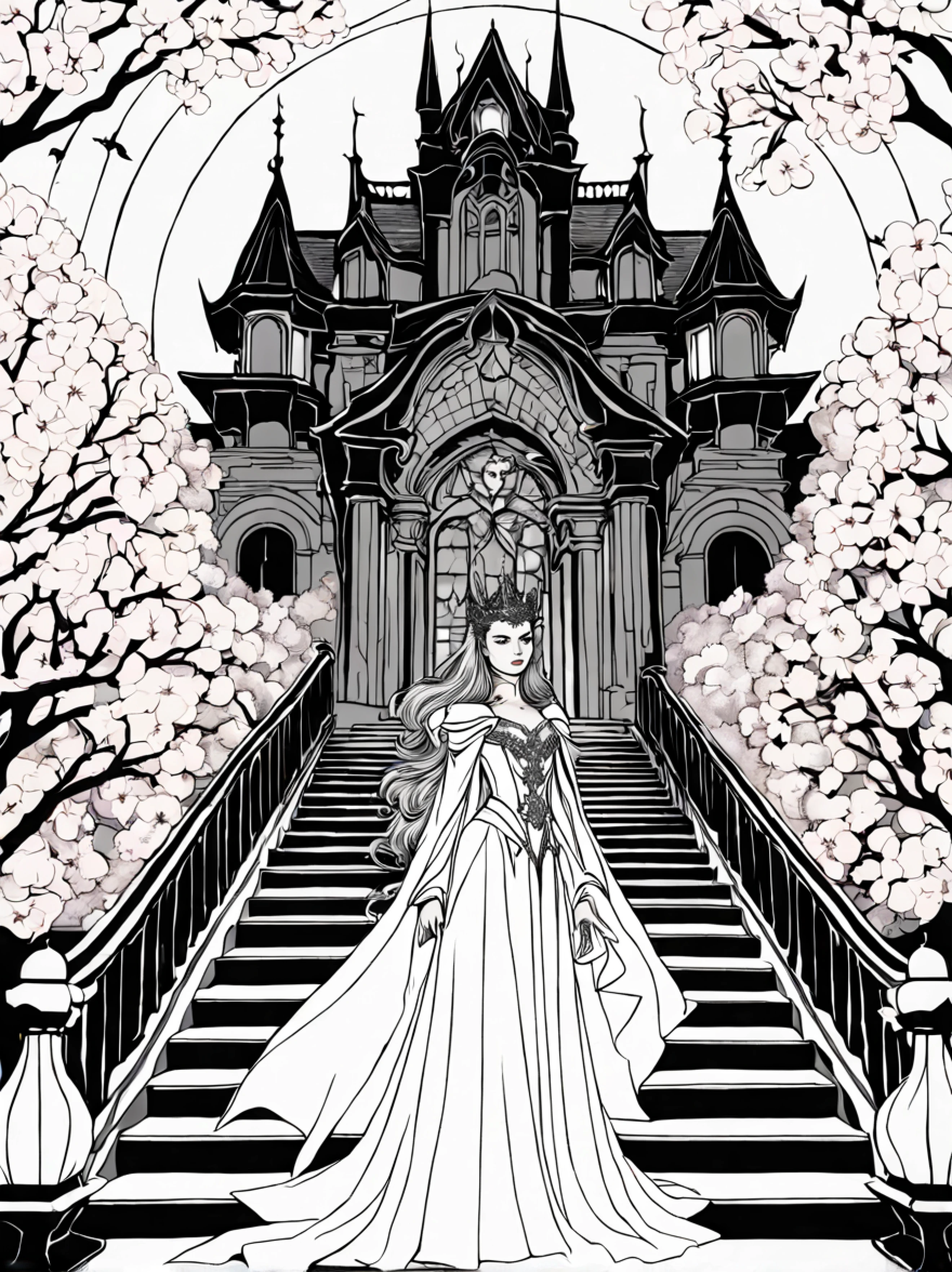 black and white, line art, (symmetrical:1.3), (low angle shot:1.3), (front view:1.3), coloring drawing of a (grand staircase ascending) towards the heavens, at the top a beautiful ((vampire queen sits upon a menacing legendary throne)) (((looking at the viewer))), surrounded by cherry blossoms floating in the air, starry ethereal night sky as a backdrop, the thick outlines emphasize her vampiric aura of power and dominance, cosmic otherworldly presence, ((flames in the background))