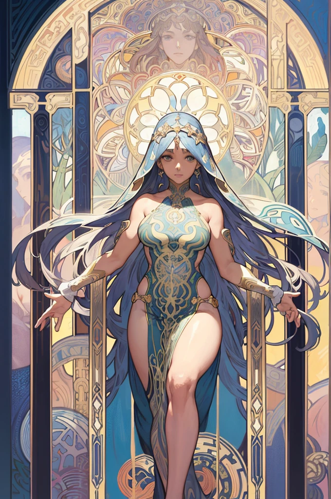 Elven Woman、((black woman)),28 year old、Bare legged、Long hair、bionde、holds a sword、Kneeling,open one's legs,Ivy Frame、Decorative panel、((abstract art))、(((By Alphonse Mucha))) (masterpiece、top-quality、hight resolution: 1.4)、detaileds、intricate-detail、4K picture quality、color splashes、line-drawing、Fibonacci、long skirt