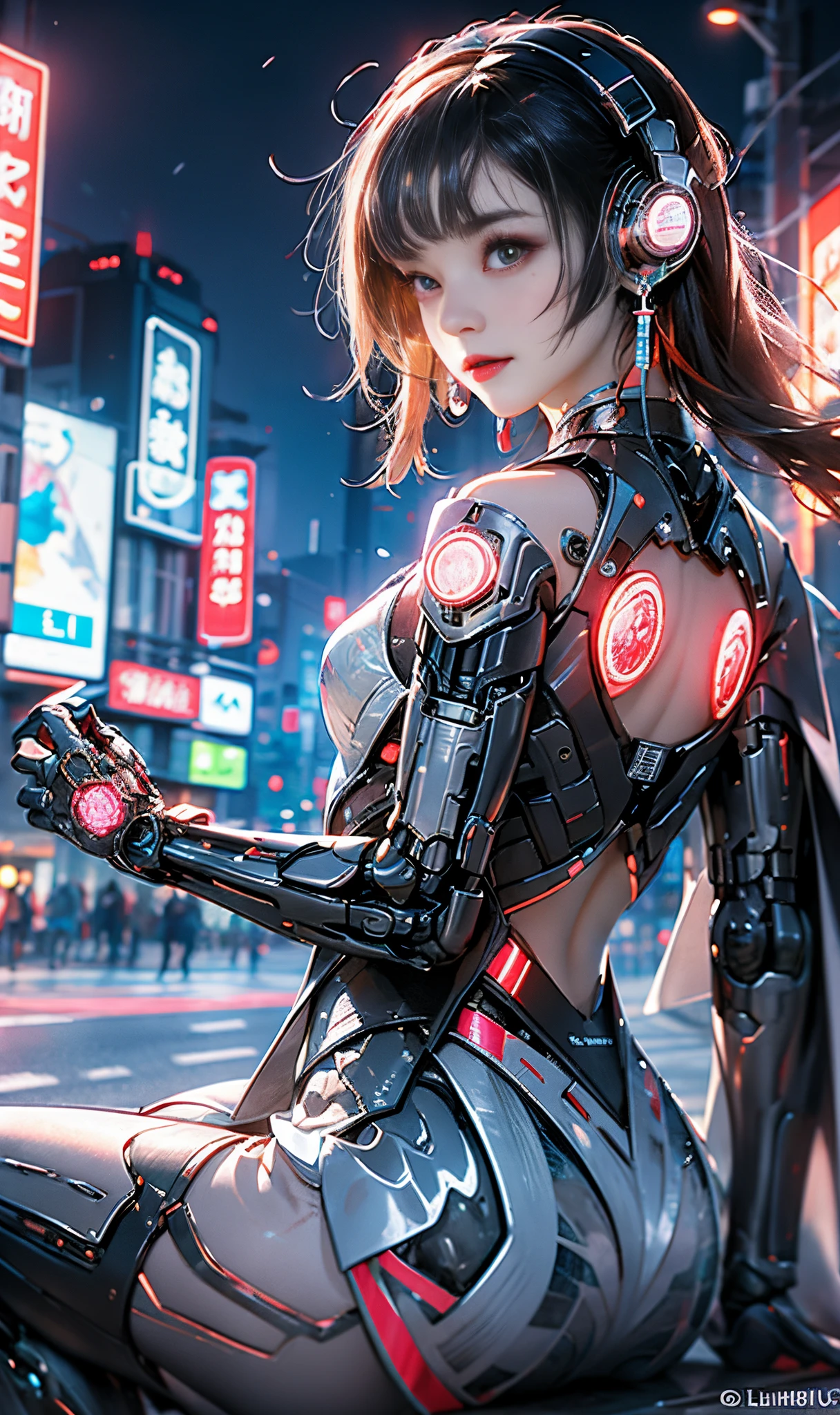 (8K), (best quality), (muste piece: 1.2) cyborg, android, robot, wiring, switch, Control panel, girl, , skeleton, Silver, 白Money, Money, bronze, red, green, green, Colorless and transparent, skeleton, legs open, electronics, bright, information Zodiac constellations and starry sky, Purple hue like a nebula, Vast space, (((Cyberpunk City at the Bottom)))、(Don't put text in the background)
