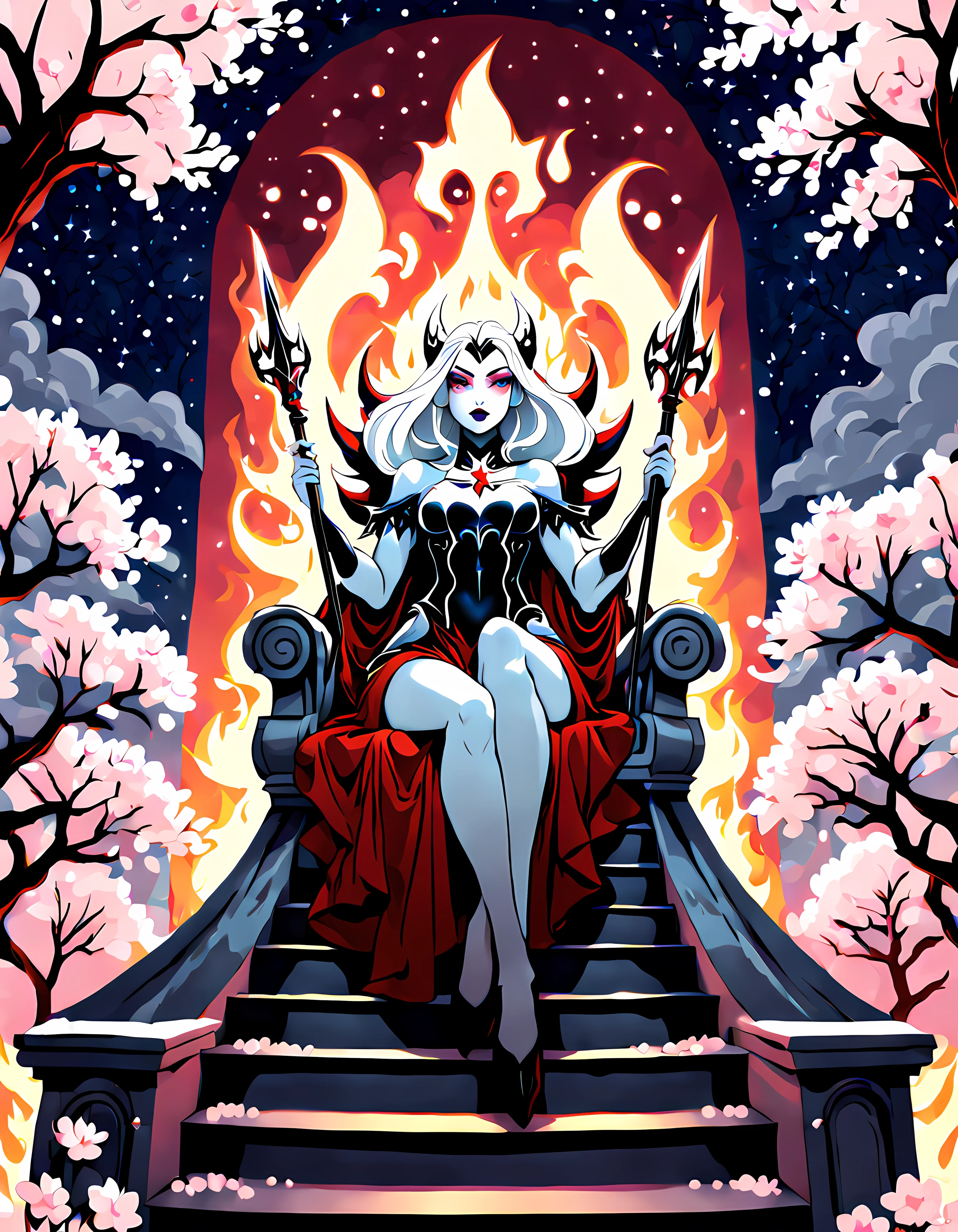 black and white, line art, (symmetrical:1.3), (low angle shot:1.3), (front view:1.3), coloring drawing orand staircase ascending) towards the heavens, at the top a beautiful ((vampire queen sits upon a menacing legendary throne)) (((looking at the viewer))), surrounded by cherry blossoms floating in the air, starry ethereal night sky as a backdrop, the thick outlines emphasize her vampiric aura of power and dominance, cosmic otherworldly presence, ((flames in the background)), ((holding a magical legendary spear))