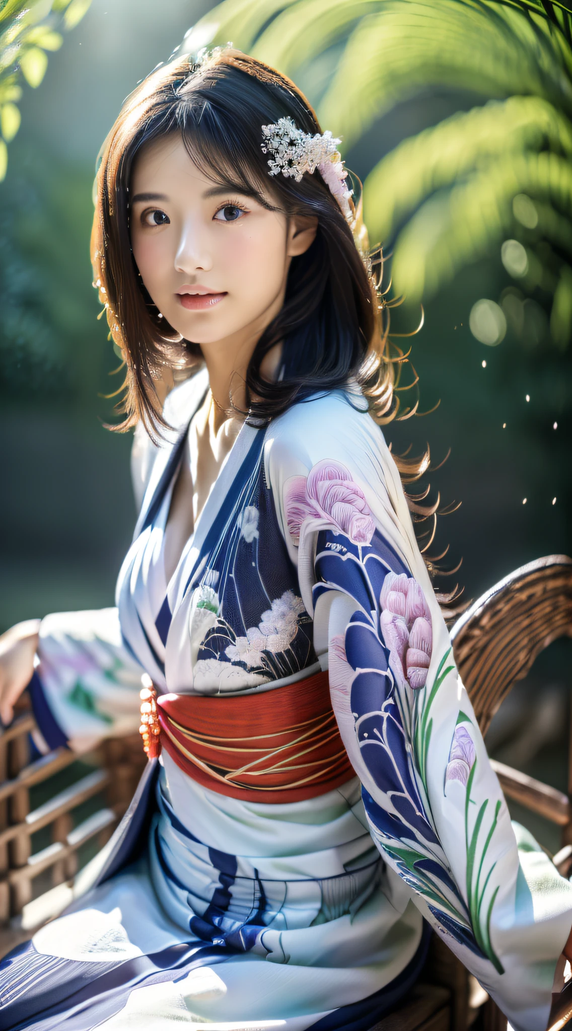 (Kimono))、(full body Esbian)、(top-quality,​masterpiece:1.3、超A high resolution)、(Facing the front)、(((sit on a low wooden chaise lounge)))、((chest is closed)、(ultra-detailliert、Caustics)、(Photorealsitic:1.4、RAW shooting)、Red flower pattern on kimono、Ultra-realistic capture、A highly detailed、 Skin texture is natural、(voluminous hair)、25-years old、The skin looks healthy with an even tone、 Use natural light and color、One Woman、japanes、A dark-haired、Middle hair、Beautiful skin、Light in the eyes、Looking at the camera、(((tre anatomically correct)))