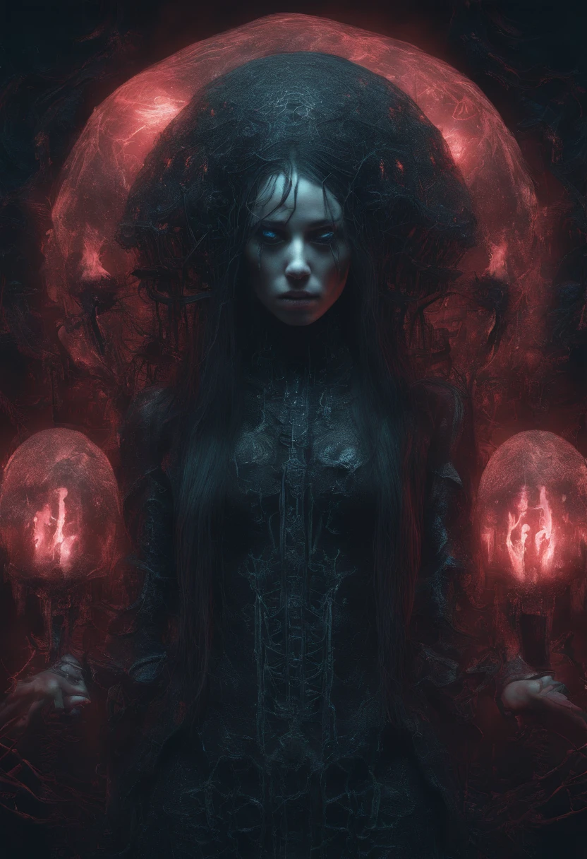 absurdres, 1girl, red eyes, long hair, wide-eyed, eyelashes, looking at viewer, cowboy shot, outdoors, silhouette horror theme, glowing eyes, concept art, backlighting, demon horns, particles, posing, solo, beautiful scary girl face in shadow looking at viewers, red glowing eyes scary reddish eyes devil, sexy women body curvy big ass
