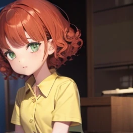 1 girl, 20 years old, cute face, short red hair with bangs and curls at the ends, green eyes, petite body, yellow button-down shirt, brown skirt