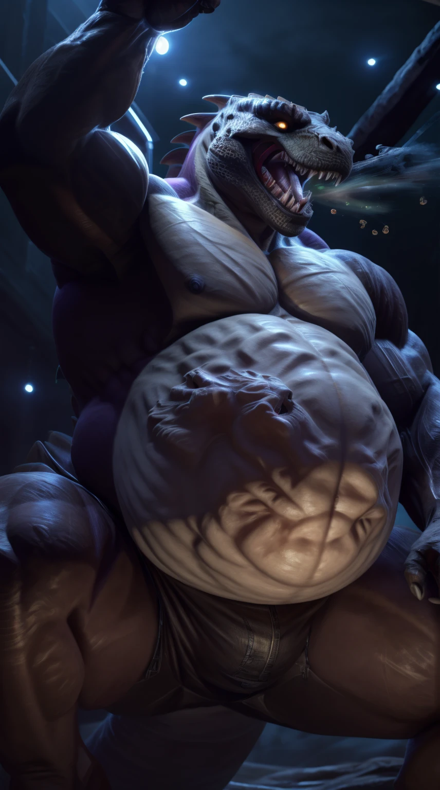 A lizard man with a full belly, muscular body, enormous belly (vore), vore, imprint on belly, big bulge, illustration, (best quality, 4k, highres, masterpiece:1.2), ultra-detailed, realistic, horror, sharp focus, vivid colors, burping up an object, motion lines, nighttime, giant tail