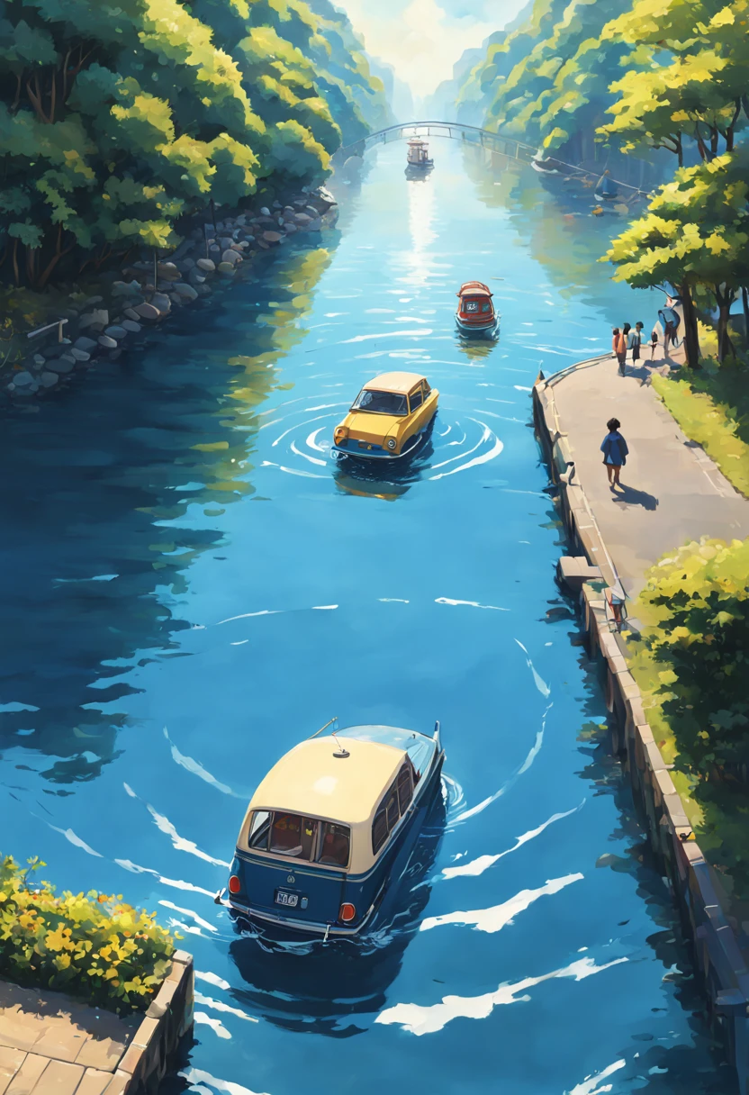 Stylized Anime artwork, a Avali, Vehicles passing smoothly, pedestrians crossing, sunlight glinting on the water below., detailed face, detailed digital acrylic painting, color graded, studio ghibli, highly detailed