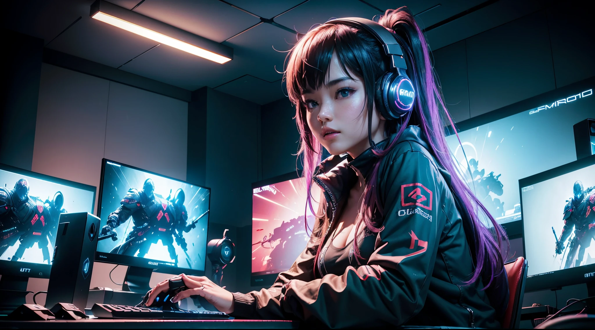 a girl playing video games,artistic portrait,keyboard,mouse,headphones,LED lights,high-res,ultra-detailed,professional,gaming setup,bright colors,studio lighting,serious facial expression,game controller, sexy casual clothing,concept artists, a cozy gamer room, gaming setup, colorful LED lights, comfortable gaming chair, high-resolution gaming monitor, gaming PC with powerful graphics card, gaming headset, gaming keyboard and mouse, posters of favorite video games, shelves full of game collection, game consoles with controllers, energy drinks and snacks on the table, immersive gaming experience, futuristic atmosphere, vibrant colors, dynamic lighting, intense gameplay, ultimate gaming setup, ultra-realistic graphics, competitive gaming environment. gamer room, gamer girl, streamer, camera, game on the monitor, gaming chair, one medium monitor, dark room, backlit screens, the best room with decoration for the player, night, beautiful girl, sitting naked on a gaming chair, slim body, perfect face, very high resolution, (beautiful ), nsfw, all detailed, unbuttoned vest, ultra detailed artistic photography, gorgeous face, hyperdetailed, photorealistic, digital painting, digital illustration, extreme detail, digital art, photorealistic, 32k, high-resolution,(best quality,4k,8k),ultra-detailed,(realistic,photorealistic,photo-realistic:1.37),portraits,concept artists,scenes,(vibrant colors,vivid colors:1.1),(sharp focus,detailed:1.1),illustrations,video game theme,character design,interactive experience,immersive art,realistic rendering,advanced lighting,3D models,(dynamic poses,action poses:1.1),young adults,modern technology,game controller design,animated characters,surrounding environment,special effects,(suspenseful atmosphere,tense atmosphere:1.1),game interface design,attractive aesthetics,(fantasy elements,magical creatures:1.1),intense emotions,endless possibilities, asian girl, long hair, ultra high deatiled, realistic, ultra high quality wallpaper, white teeth