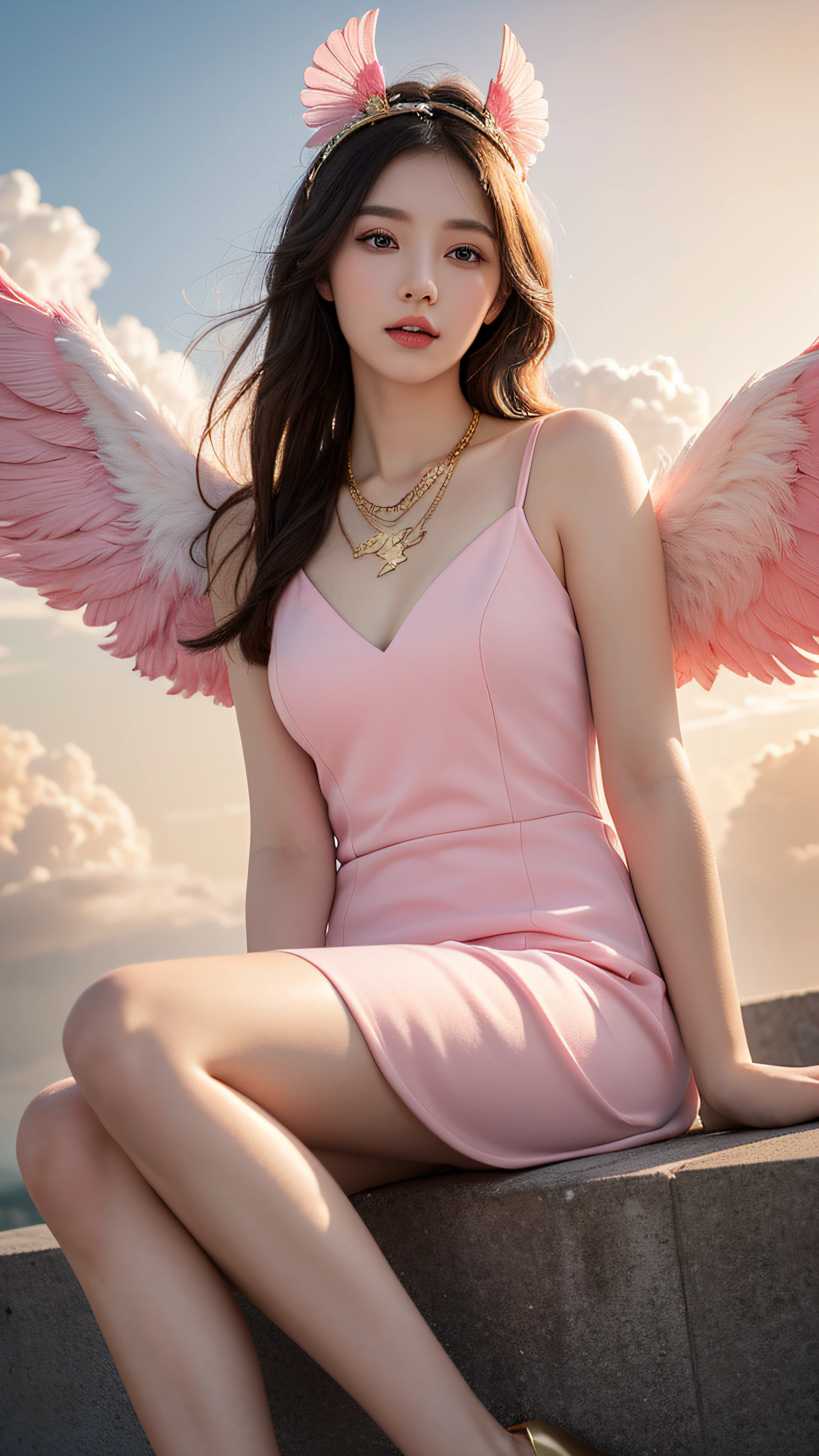1 Girl, solo, pink dress, pairs of pink bird wings on head, Gold necklace, Cloudy background, Colorful clouds, in the sky, ((Best quality)), ((highly-detailing)), (Detailed face), (offcial art), sitting on the cloud,