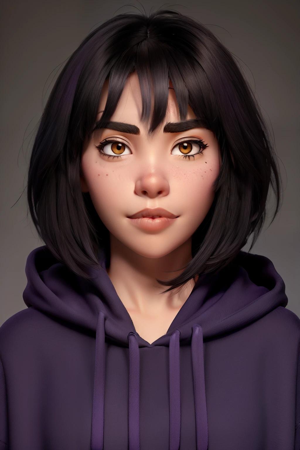 Best quality and black hair with fringe brown eyes thin eyebrows big eyes lots of lashes thin upper lip and big lower lip wearing purple hoodie