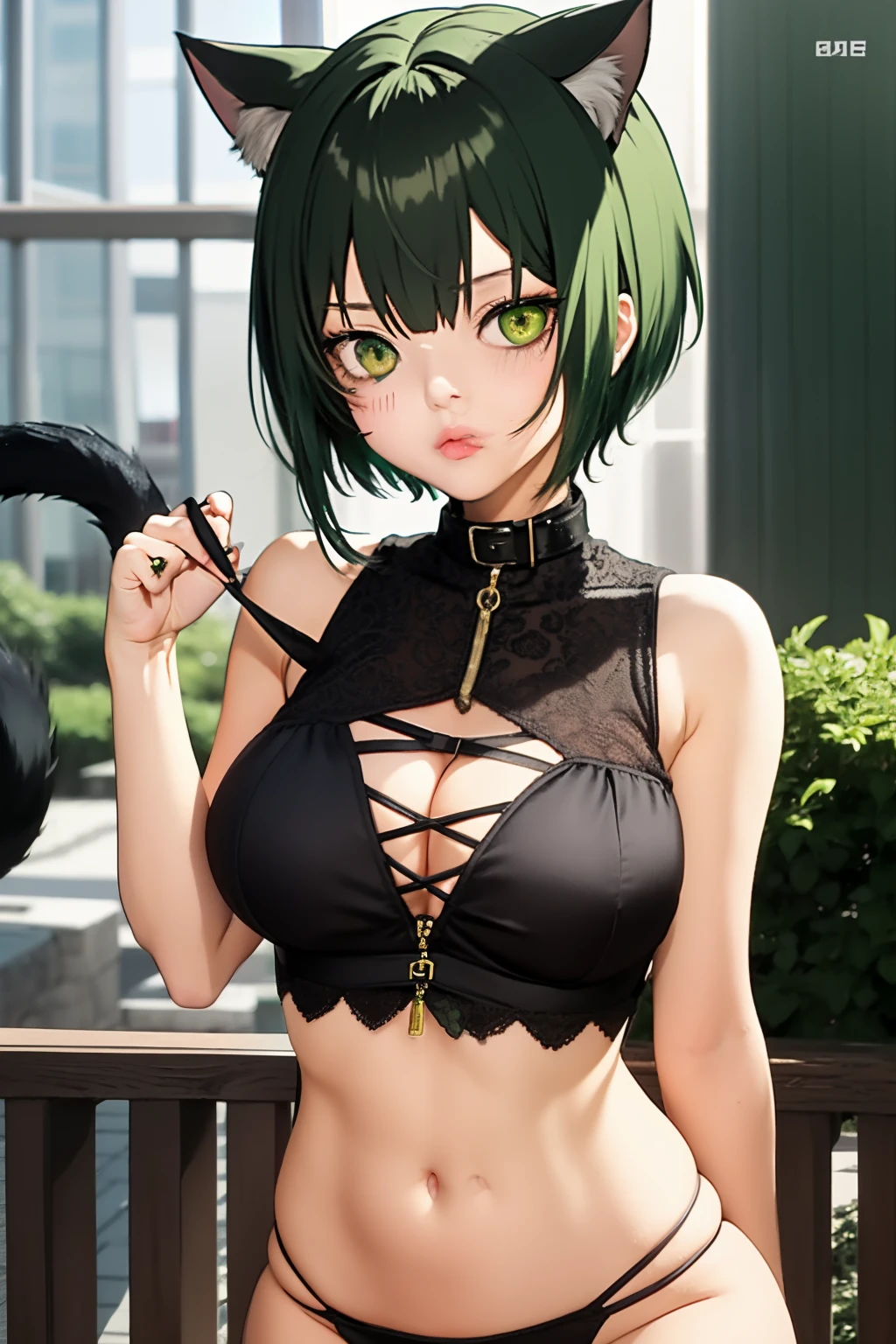 Cute girl, dark green hair, yellow eyes, short hair, cat ears, cat tail, cat collar, sexy body, sex, sexy,