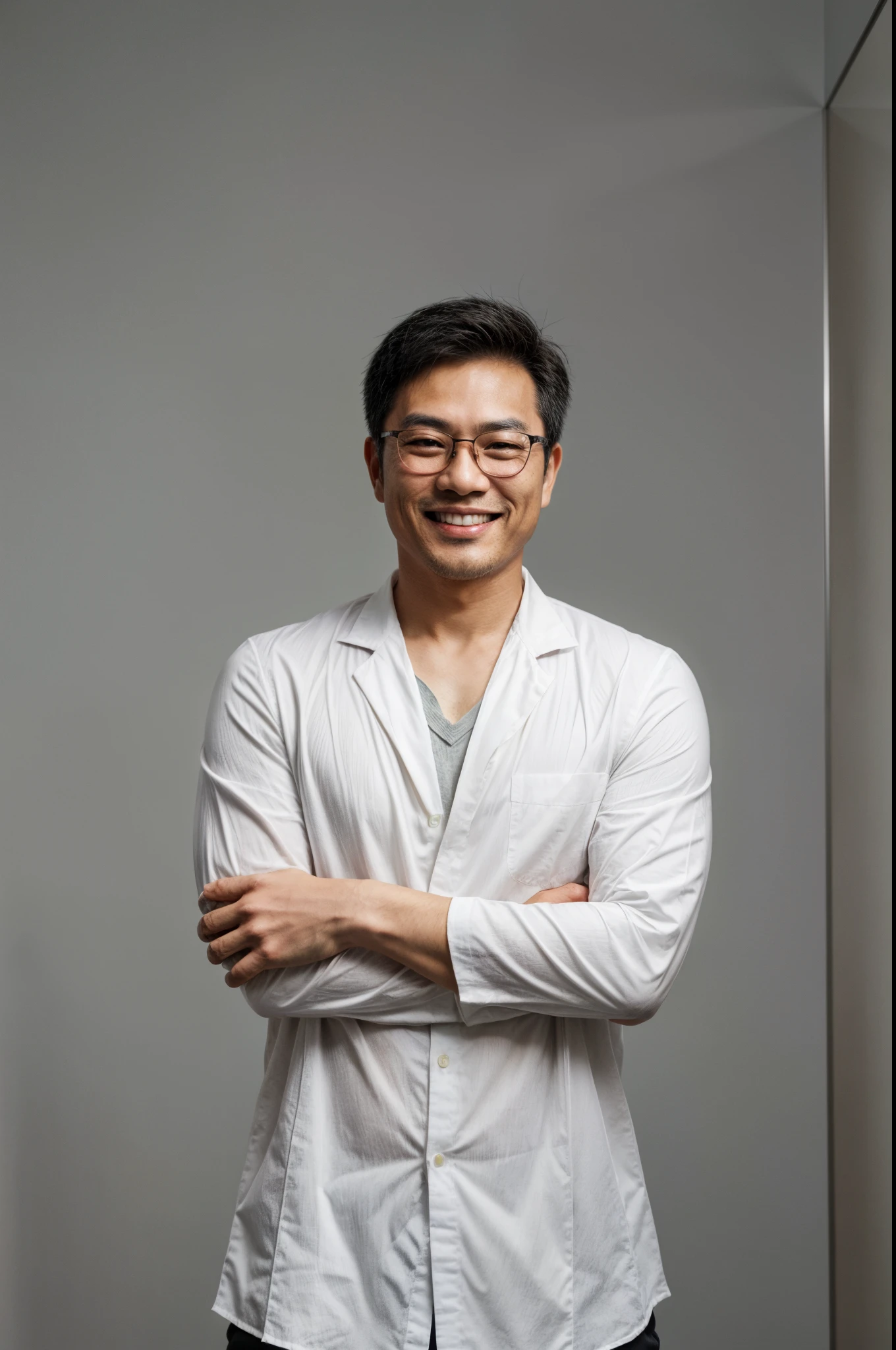 photorealistic:1.6, asian man, gray back ground, he is wearing glass, he is wearing white blouse, his smile