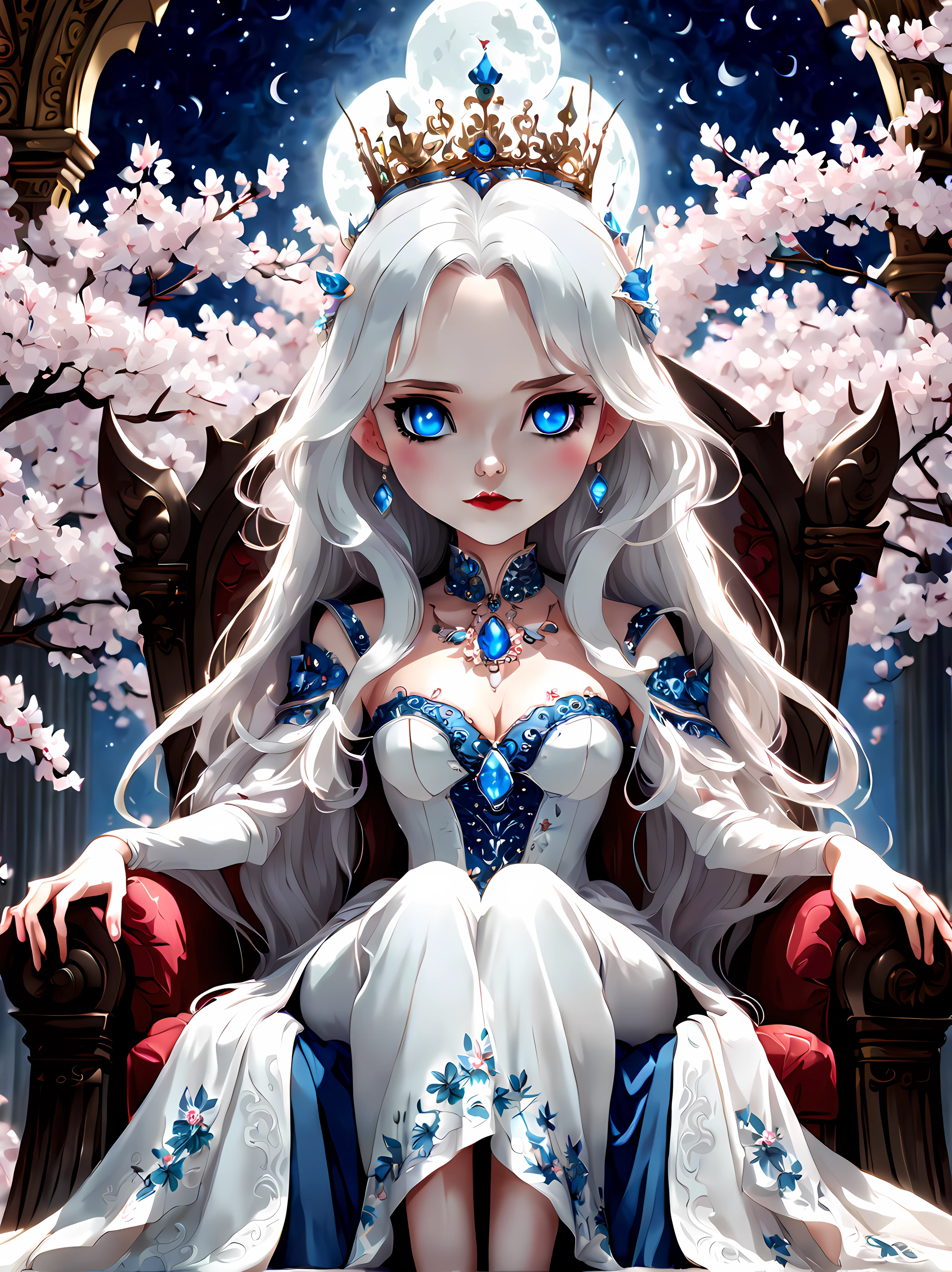 Cute Cartoon, CuteCartoonAF, (cute cartoon style:1.3), (symmetrical:1.3), (low angle shot:1.3), (front view:1.3), a kind vampire queen, adorned in regal attire, gracefully sits upon an ((ornate grand throne)), delicate petals of cherry blossoms gently cascading down from above, a magnificent staircase leads up to the queen's majestic seat symbolizing her elevated status and power, the gentle breeze rustles through the blossoms, the vampire queen exudes an aura of ((benevolence and tranquility)), soft glow of a starry moonlit night, (long white hair), (vivid blue eyes), (long white noble dress), (((looking at the viewer))), (jeweled crown)