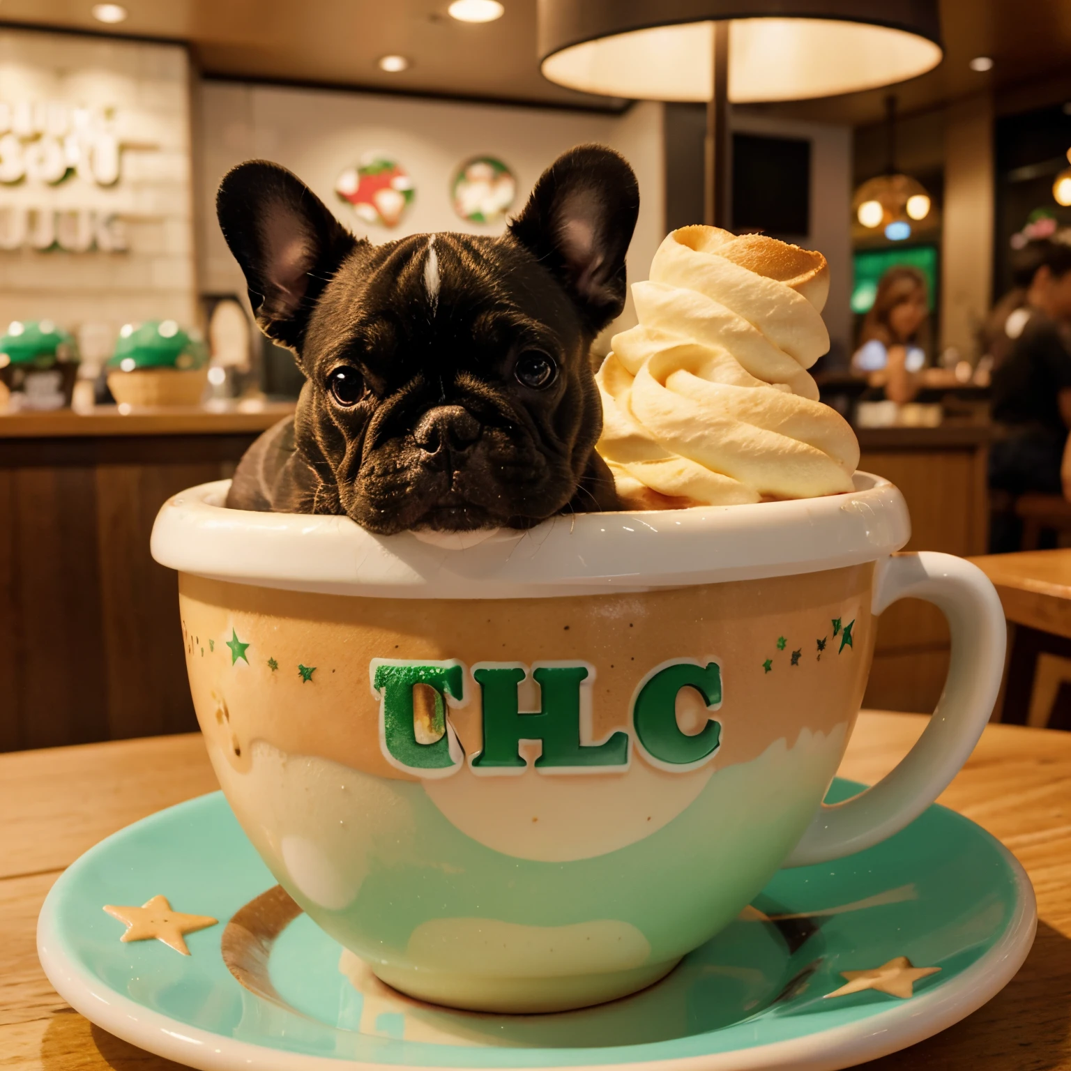 unique, Cartoon cup in the shape of a French bulldog, Fraappuccino colorido estilo Starbucks, French Bulldog Logo.