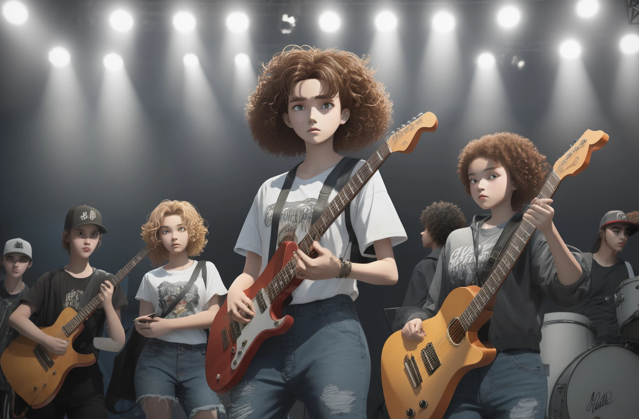 Create a 3D animation depicting a young teenage girl, com a altura de 1,57, brown eyes and medium curly brown hair reaching just above the waist, com estilo hip hop. She must be wearing a bible in her hand and a guitar behind her back.. Emphasize a stage setting with many people