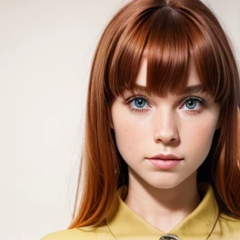 1 girl, photo realistic, 20 years old, cute face, short red hair with bangs and curls at the ends, green eyes, petite body, yellow button-down shirt, brown skirt