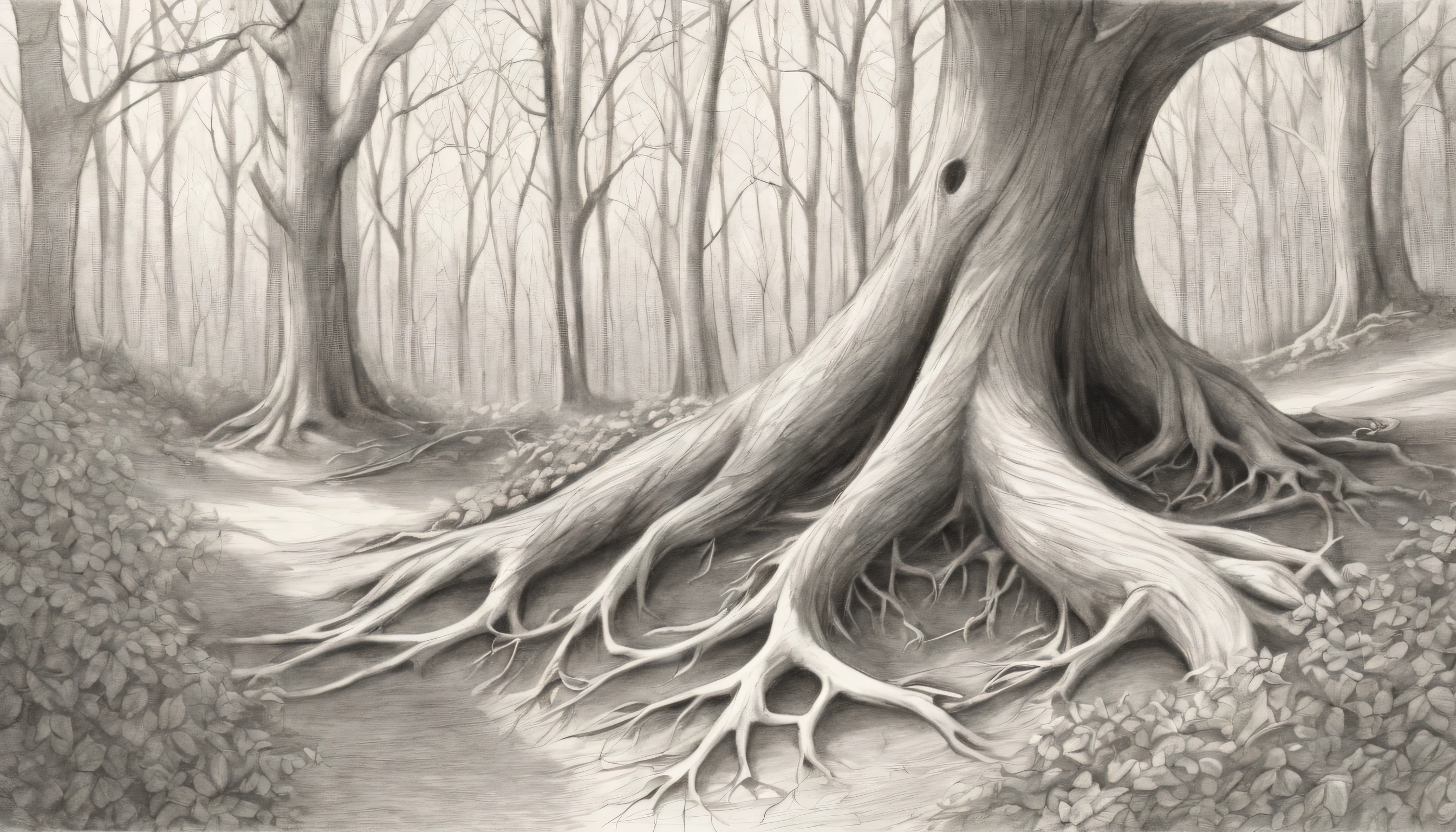 White paper on the table(pencil drawing),black andwhite,(ln the forest),(line art),organic lines,(crooked branches),hidden path,(Twisted vines),(Intertwined tree trunks),Ethereal atmosphere,game of light and shadow,Subtle gradients、Gradient shadows、Mottled sunlight、tree crown、forest floor、(bark texture)、branch details、(Fine lines)、(stroke technique)、(Sketch-like texture)。Abstract, (Simple vector art), (Hierarchical form).(best quality,4k,8k,highres,masterpiece:1.2),(ultra - detailed),(realisticlying:1.37).