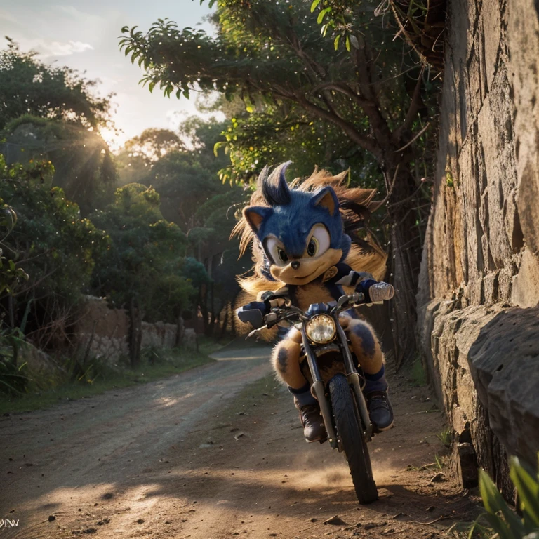 (best quality,4k,8k,highres,masterpiece:1.2),ultra-detailed,(realistic,photorealistic,photo-realistic:1.37),Sonic the blue hedgehog in a safari,speed,adventurous,dynamic,energetic,action,fast,joy,freedom,jungle,animals,wildlife,cartoon-inspired,stylized,brilliant colors,shadows,illumination,sunset lighting