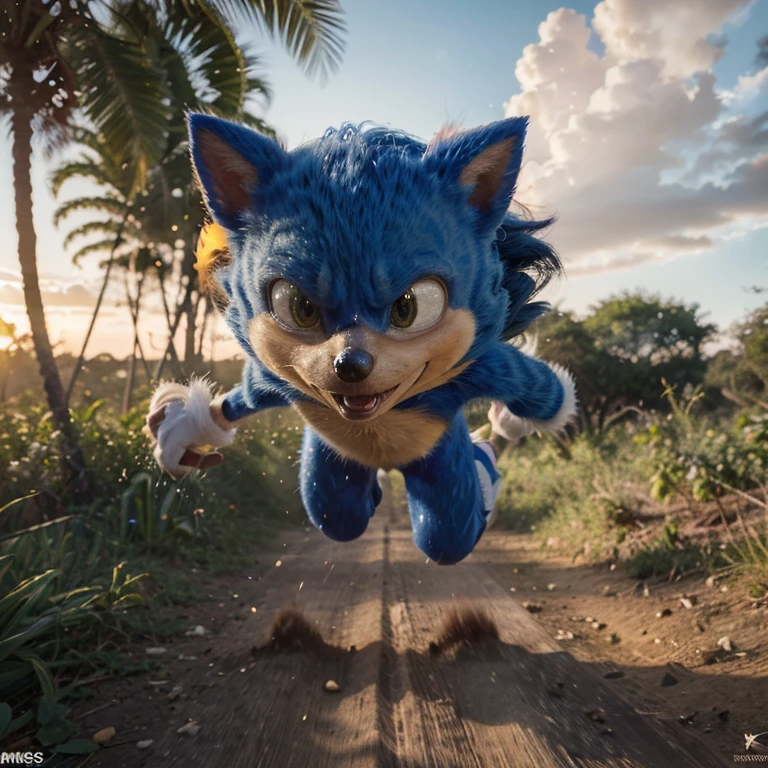 (best quality,4k,8k,highres,masterpiece:1.2),ultra-detailed,(realistic,photorealistic,photo-realistic:1.37),Sonic the blue hedgehog in a safari,speed,adventurous,dynamic,energetic,action,fast,joy,freedom,jungle,animals,wildlife,cartoon-inspired,stylized,brilliant colors,shadows,illumination,sunset lighting